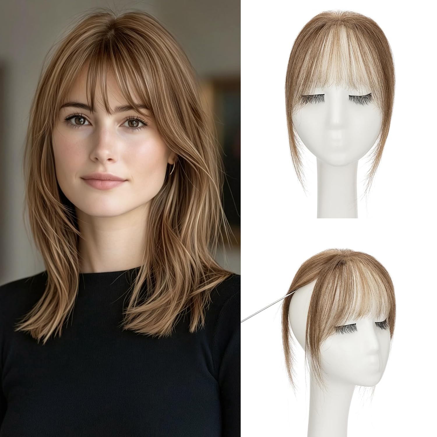 Clip in Bangs,Prokyvity Fake Bangs,Curtain Bang Hair Clip,3D 360°Seamless Coverage French Air Bang Lightweight Human Hair Toppers 9g/10" #4P27 Medium Brown Mixed Dark Blonde,for Daily Party Wedding