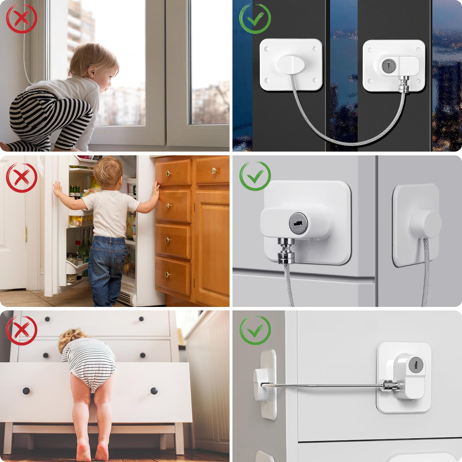Carehabi 2 pezzi di sicurezza finestra per bambini, sicurezza finestra, serrature per porta frigorifero, blocco porta armadio, con 2 chiavi per bambini per armadietto, cassetto
