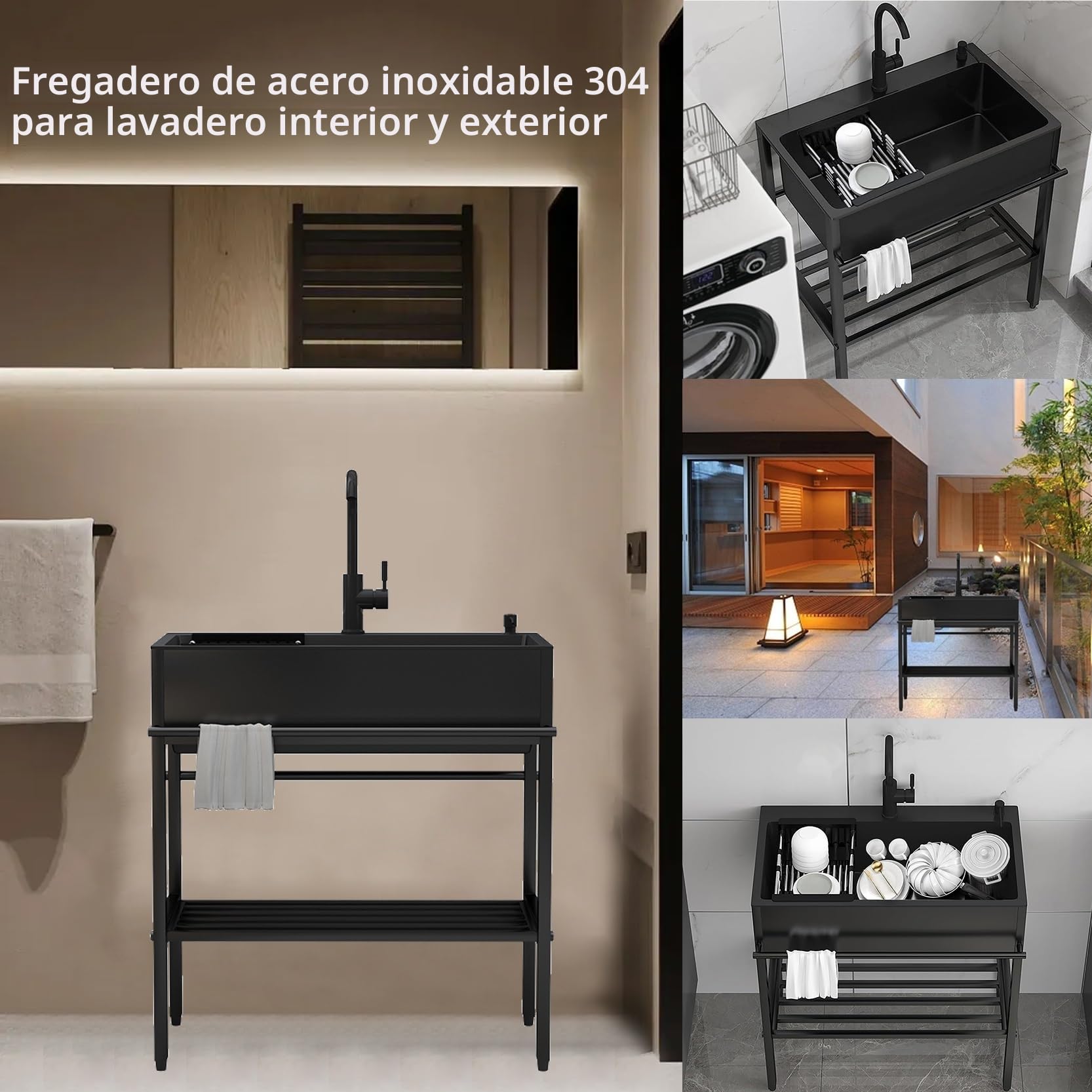 Fregadero de acero inoxidable negro, 80 cm, lavabo independiente, cuenco individual, estación de lavado de cocina comercial con grifo, para garaje, restaurante, lavandería, exterior