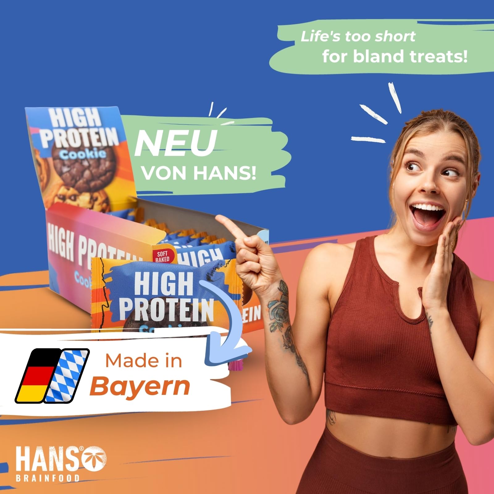 HANS Brainfood High Protein Cookie Schokolade 1400g (36x35g) mit weniger als 1 Gramm Zucker und 8g Protein pro Cookie - Proteinriegel, Low Carb, Schoko - Protein-Bar ohne Zucker