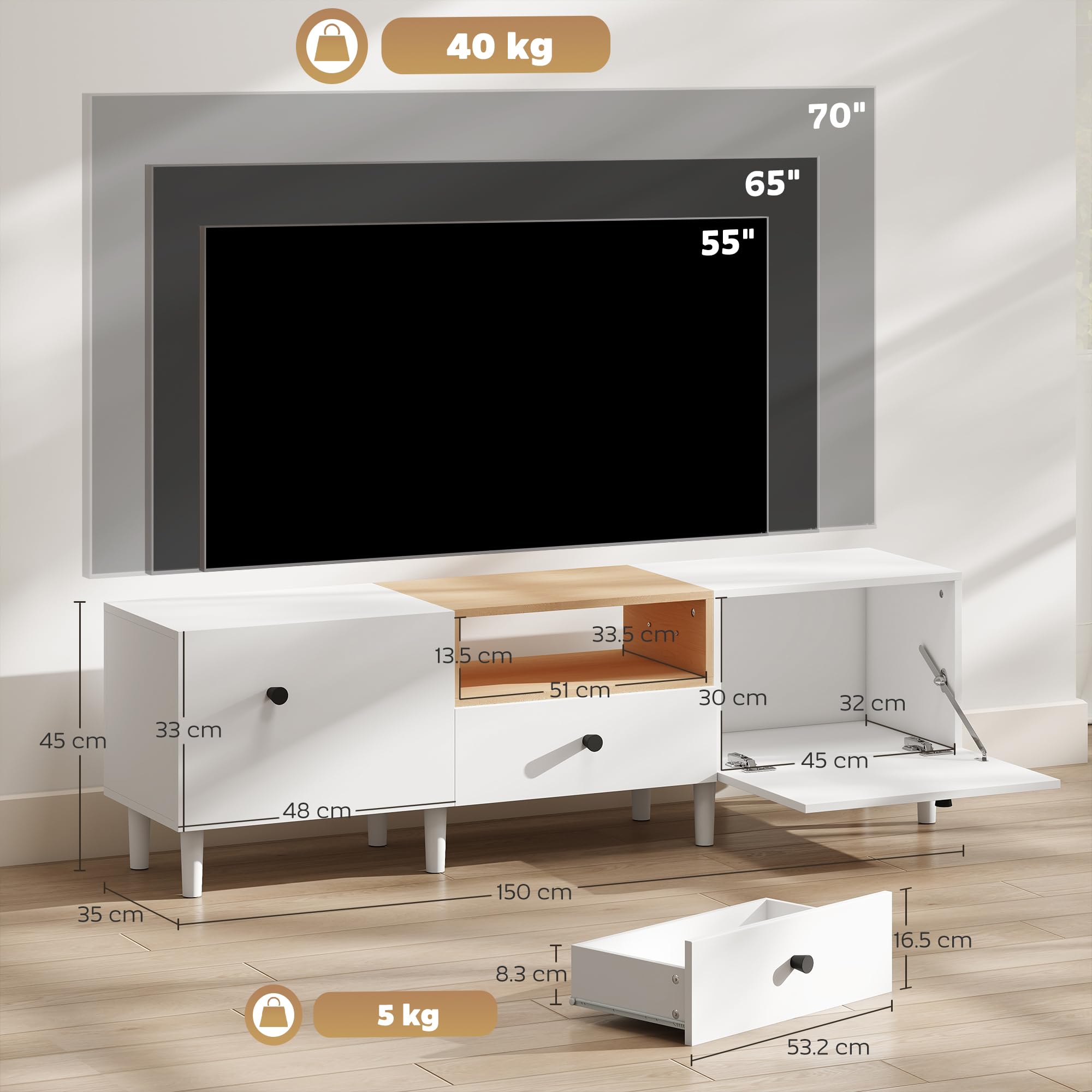 HOMCOM Mobile TV con 2 Ante a Ribalta, Cerniere Soft Close, Cassetto e Ripiano Aperto, Mobile Porta TV Fino a 70", 8 Gambe per Soggiorno o Camera da Letto, 150x35x45 cm, Bianco e Color Legno