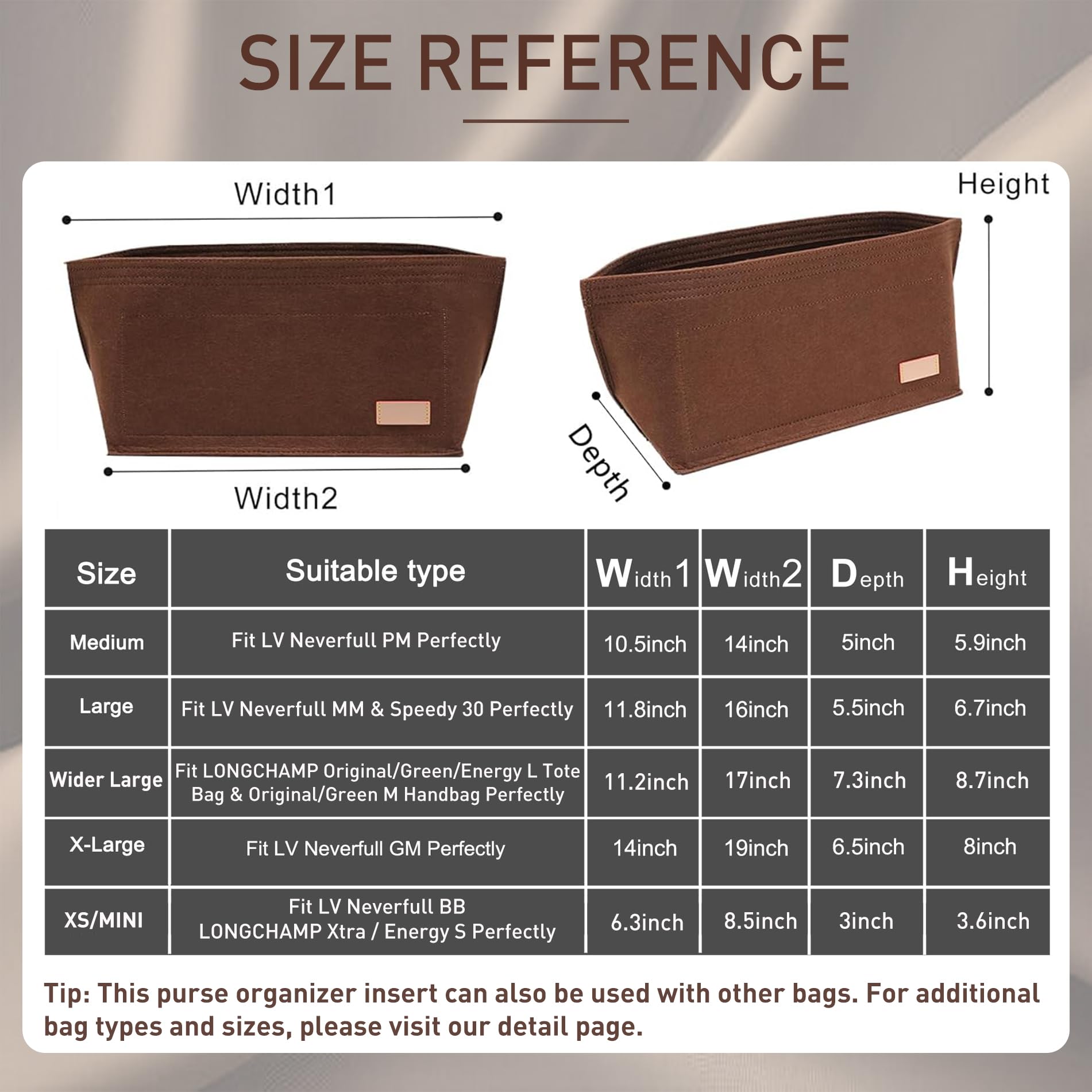 Doxo Geldbörsen-Organizer-Einsatz für Handtaschen und Tragetaschen, Filztasche, passend für Speedy und Neverfull Onthego, 3 Größen/6 Farben, braune Tasche + braune Grundform, groß
