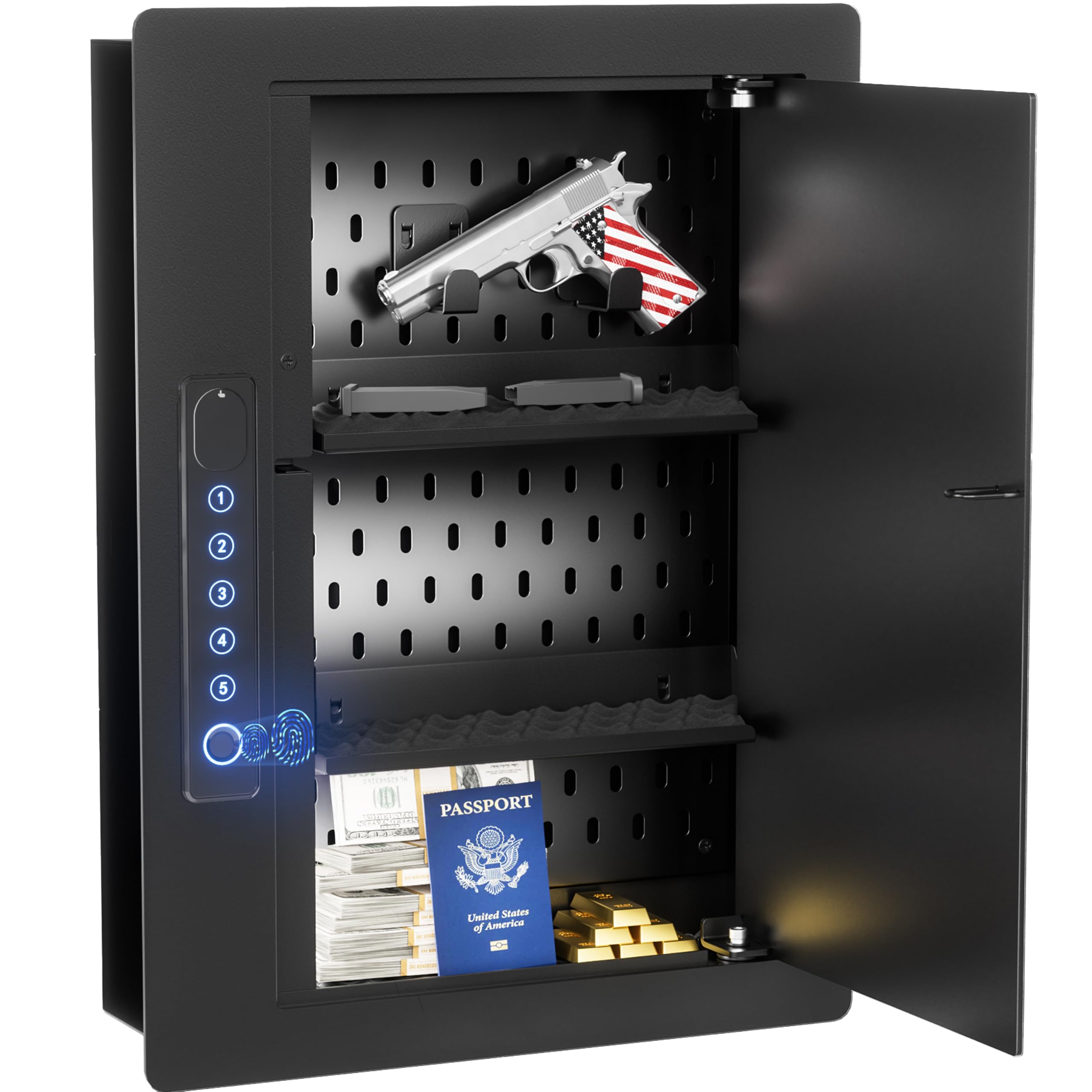 Grimtron Electronic Wall Safe Between 16" &amp; 24" Studs with Shelves &amp; Hooks