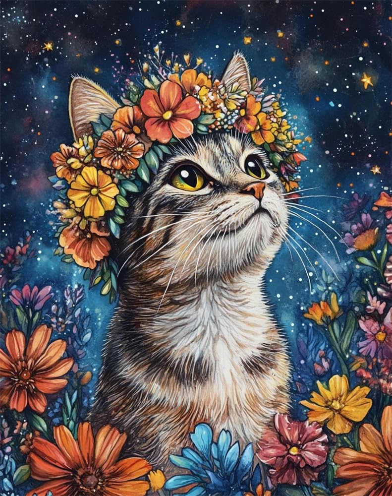 Henypt Counted Cross Stitch Kit for Adults Pre Printed, Cat Wearing A Floral-Wreath Hat DIY 11Ct Embroidery Sewing Starter Kit Stamped Needlework Easy Beginners (Stamped Home)