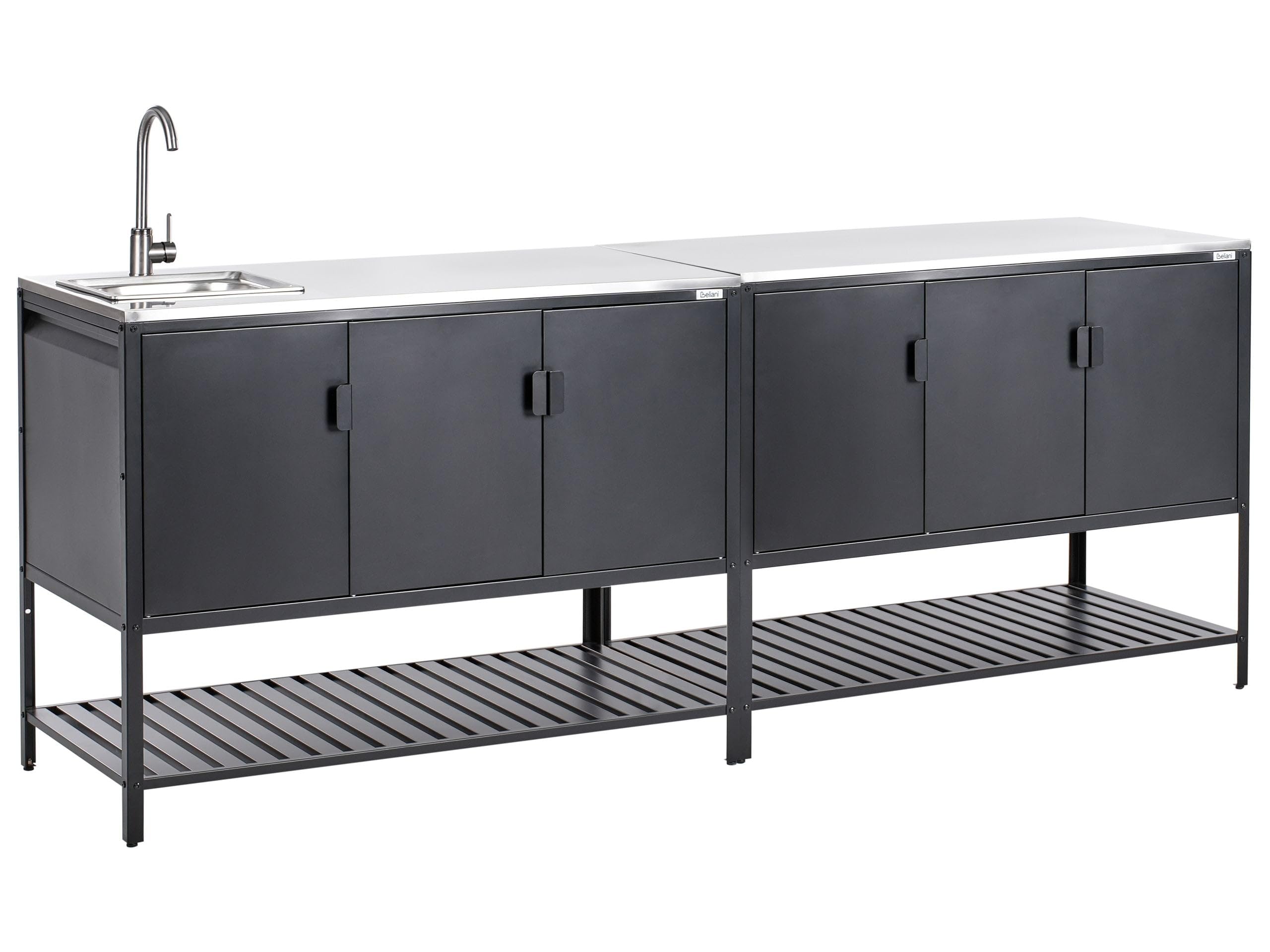 Beliani Conjunto de 2 armarios de Cocina Exterior de Acero 3 Puertas encimera de Acero Inoxidable jardín Negro con Fregadero Maenza