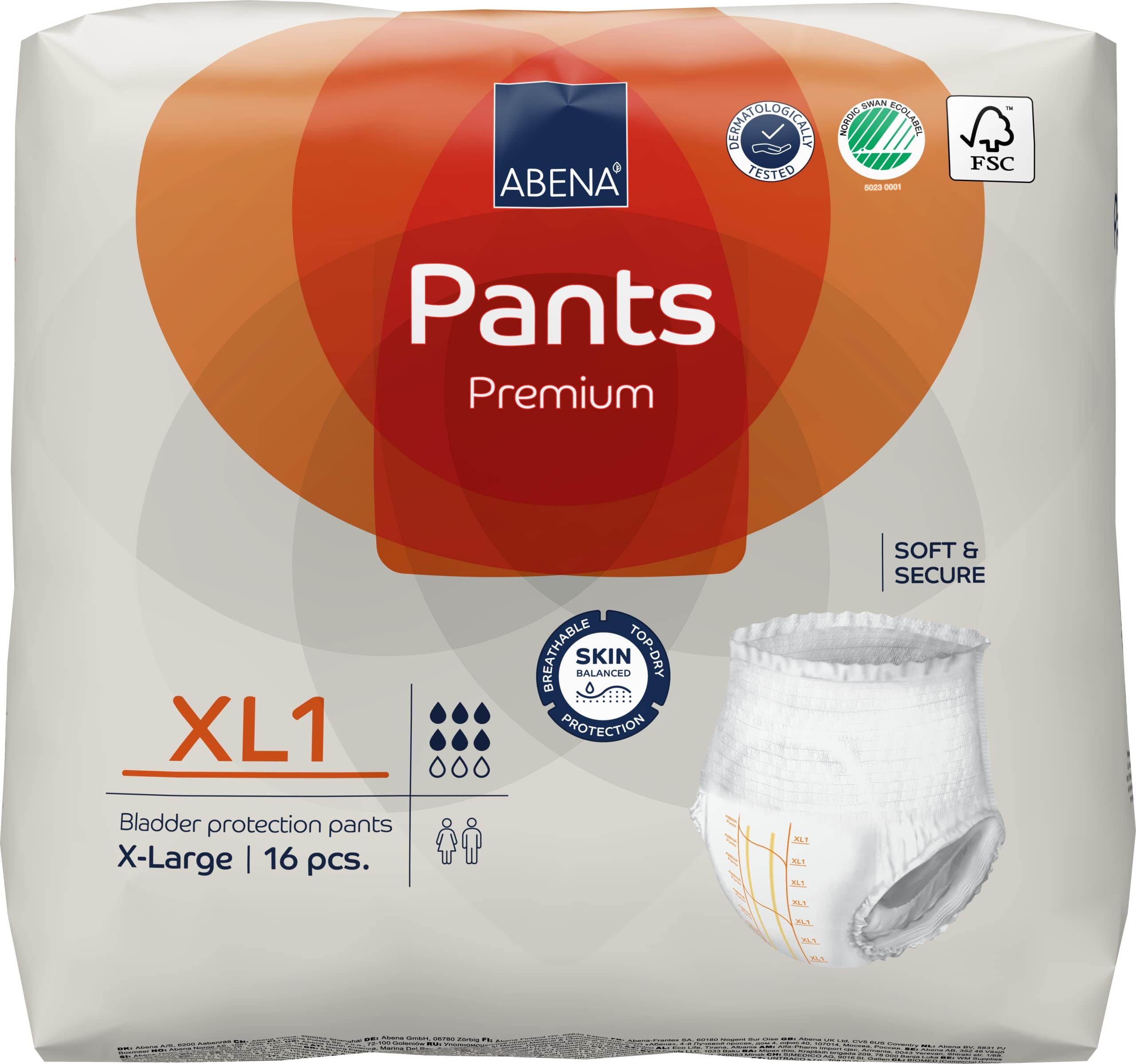 Abena Pants Premium Pull-Up Incontinence Pants, Eco-Labelled Incontinence Pants for Men & Women, Discreet, Protective, Breathable, Comfortable - XL 1, 130-170cm Waist, 1600ml Absorbency, 16PK