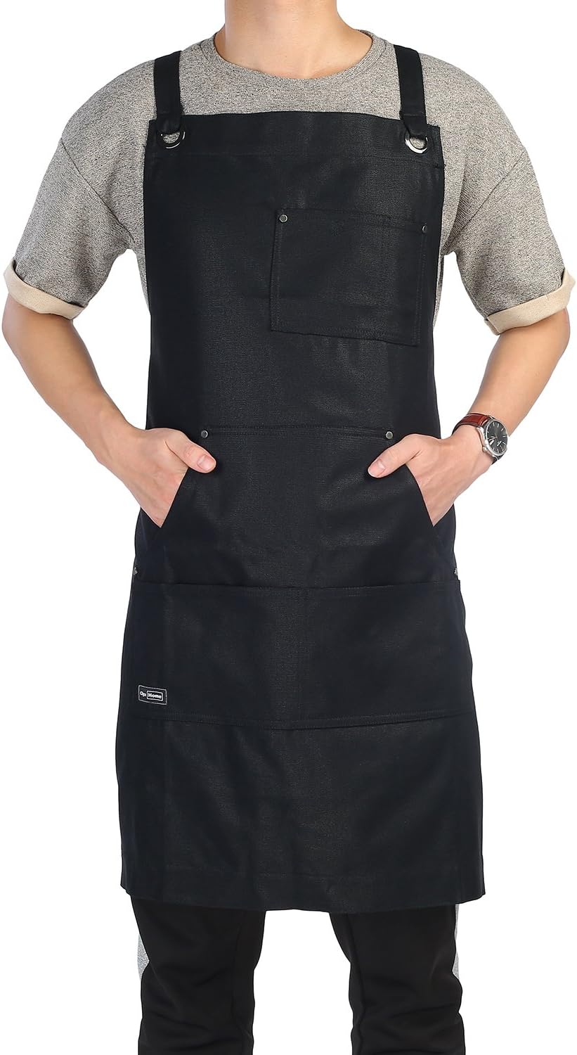 Waxed Canvas Apron, Clya Home Heavy Duty Work Apron Tool Apron with Big Pockets, Cross Back Workshop Apron Adjustable up to XXL Fits Men and Women, Perfect for Home or Workshop (Black)