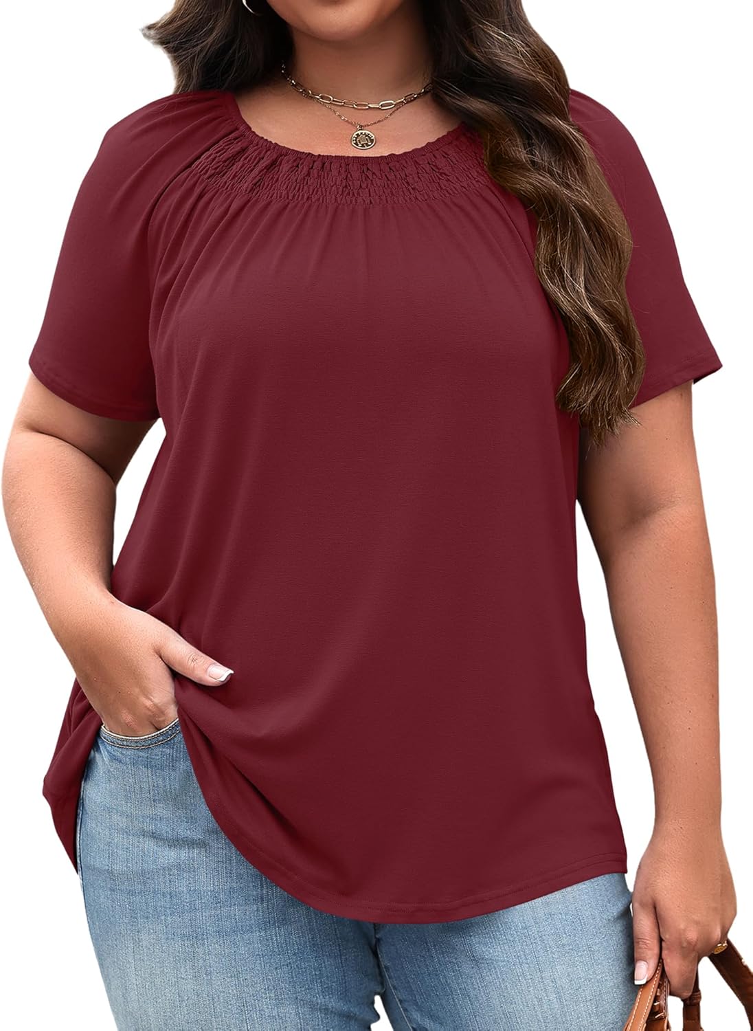 Micoson Womens Plus Size Tops Short Sleeve Shirts Crewneck Pleated Blouses Dressy Casual Fashion Tunic Top (1X-5X)