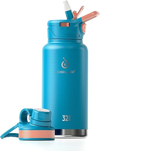 Miniatura 34 de IDEUS Botella de agua aislada de acero inoxidable con 2 tapas a prueba de fugas, termo para senderismo y ciclismo, 24 onzas, amarillo brillante