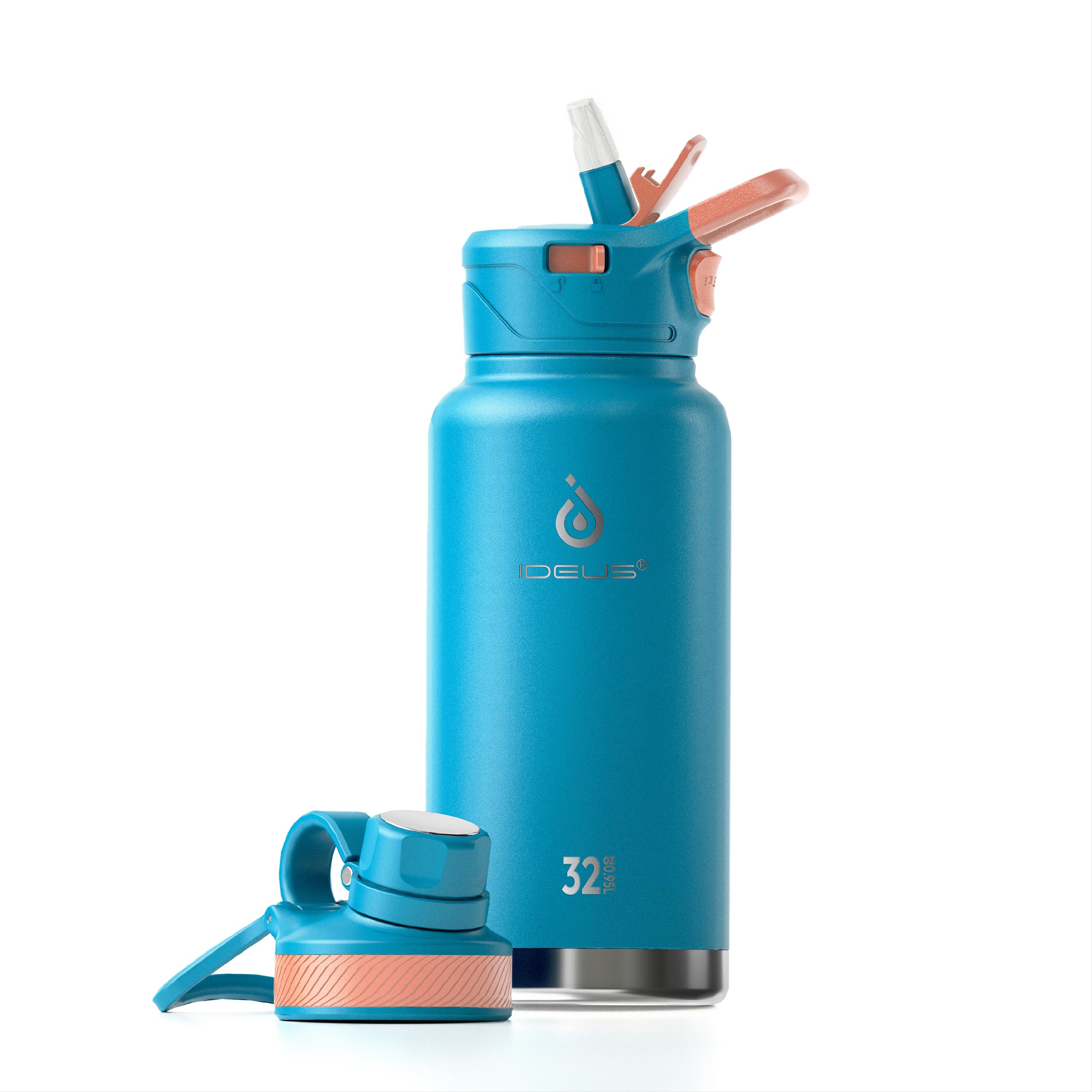 Ideus Vakuumisolierte Wasserflasche, 950 ml Edelstahl Doppelwand Flasche Metall Sport Kantine mit auslaufsicherem Schraubverschluss