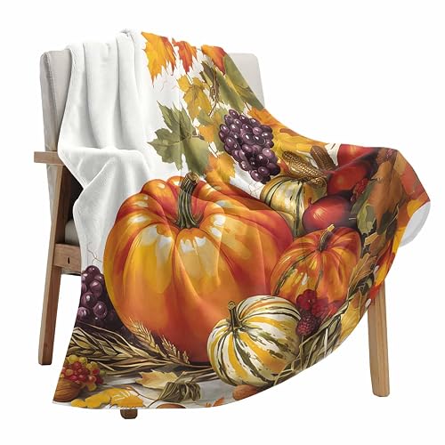 Fall Throw Blanket Pumpkin Blankets and Throws, Maple Leaves Corn Grape Blanket for Couch Bed Sofa, Soft Cozy Warm Flannel Fleece Blanket for Thanksgiving Holiday All Season Decor