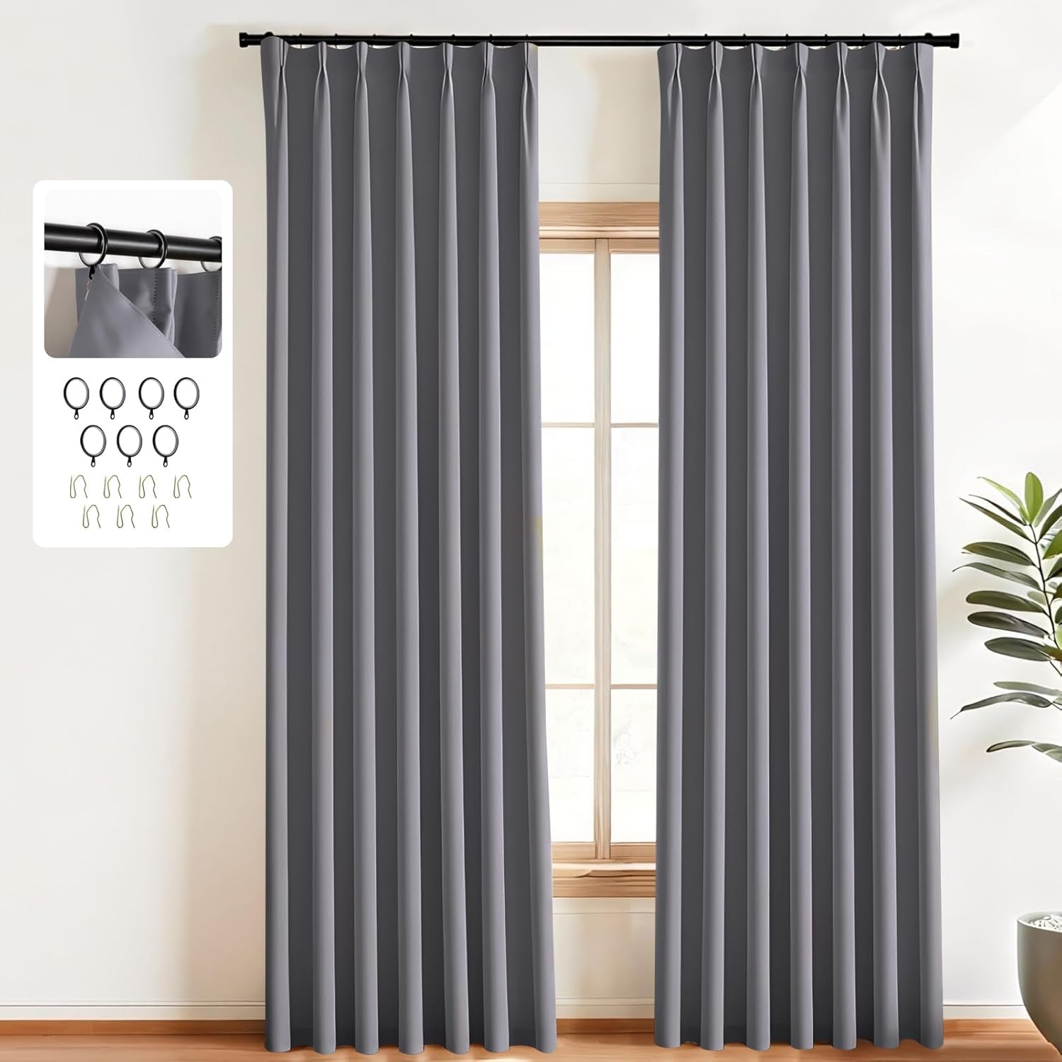 Pinch Pleated Curtains Blackout Two Pages Pinch Pleated Drapes for Bedroom Living Room，Black Liner Thermal Insulated Draperies with Hooks&Curtain Ring W40 x H84 Inch Grey