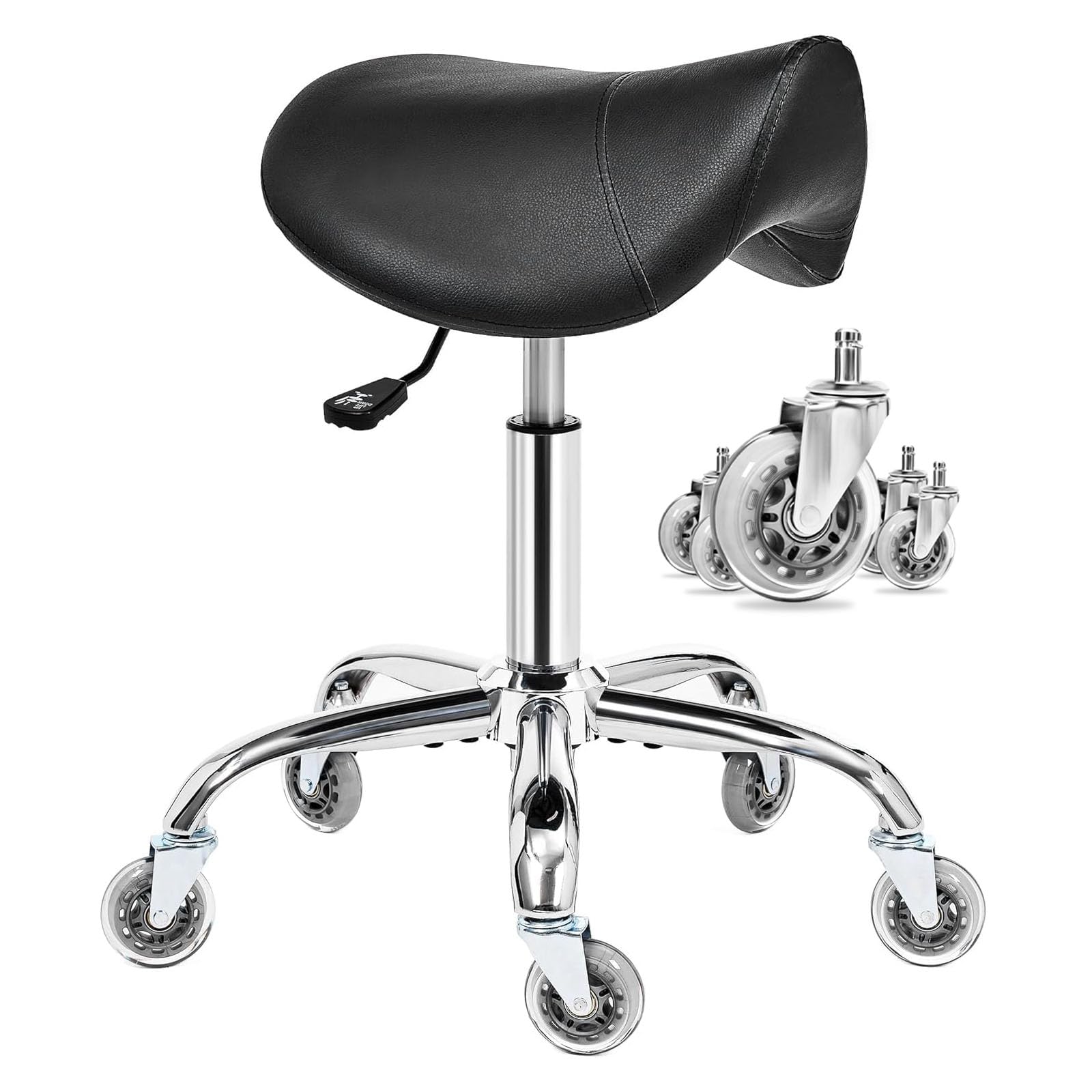BEWISHOME Taburete con Ruedas,Taburete Giratorio Ajustable,de Piel Sintética Resistente con cojín Ancho,Ergonómico para Salones de Belleza,Spas y Clínicas (Negro)
