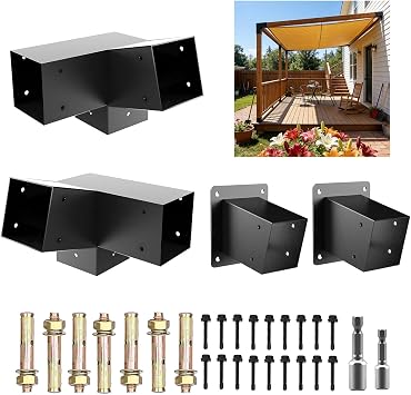 30 Degree Pergola Bracket & Wall Mount Base Kits 4x4,3-Way Angled Bracket with Post Anchor for Actual 3.5" x3.5 Wood Post to Beam,Slant Roof Bracket for Pavilions,Pochs,Log Cabins4Pcs