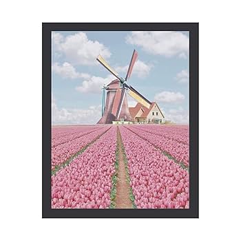 Amazon.co.jp: 風車前のピンクのチューリップ畑 絵画 絵