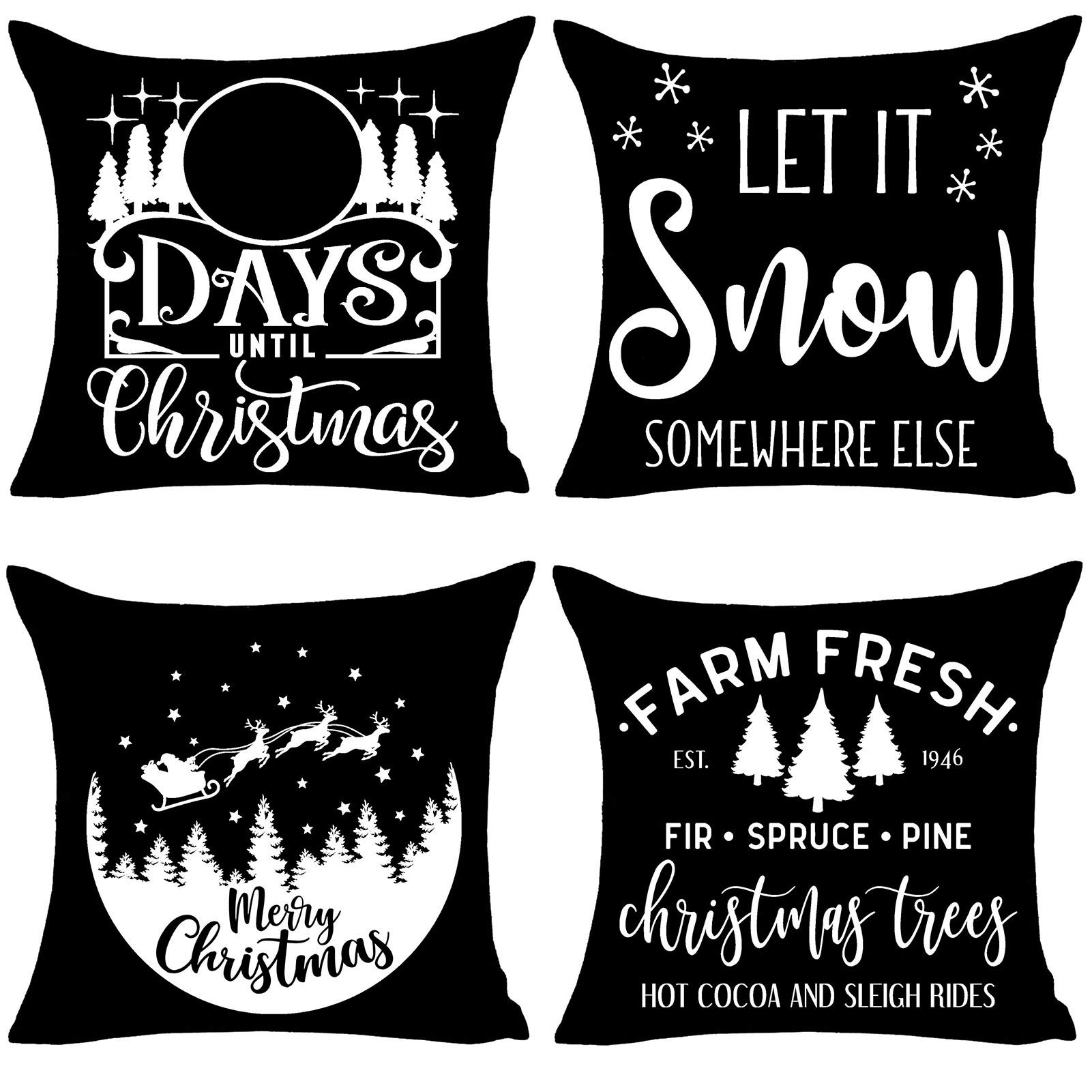 MFGNEH Merry Christmas Pillow Covers 18 x 18 Inch Set of 4 Farmhouse Christmas Tree Sleigh Christmas Decorations Cotton Linen Black Throw Pillow Case Cushion Cover,Christmas Decor