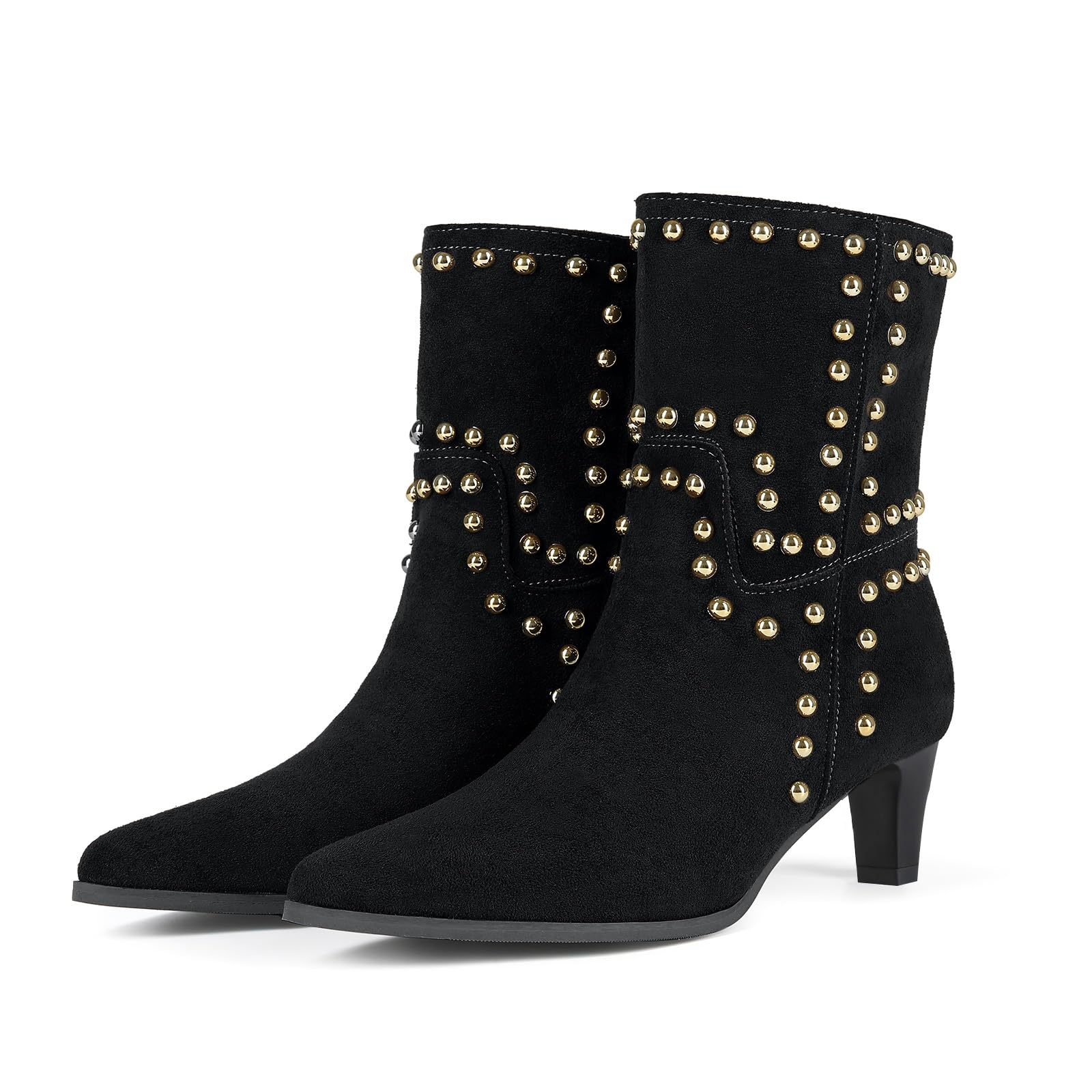 baobeijiadao Ankle Boots for Women Pointed Toe Low Kitten Heel Booties Slip On Rivet Boots