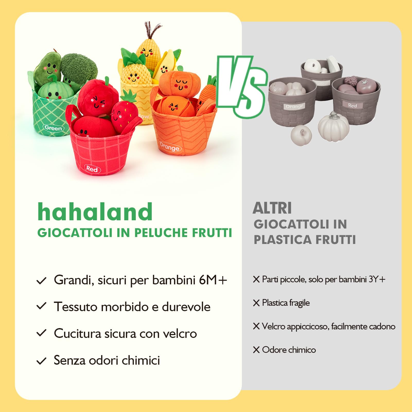hahaland Giochi Montessori 6 Mesi - 16 PCS Frutta e Verdura Giocattolo in Peluche con Sonaglio e Cestino, Gioco Bambino Educativi Regalo Bimbo Bimba 6 9 12 Mesi