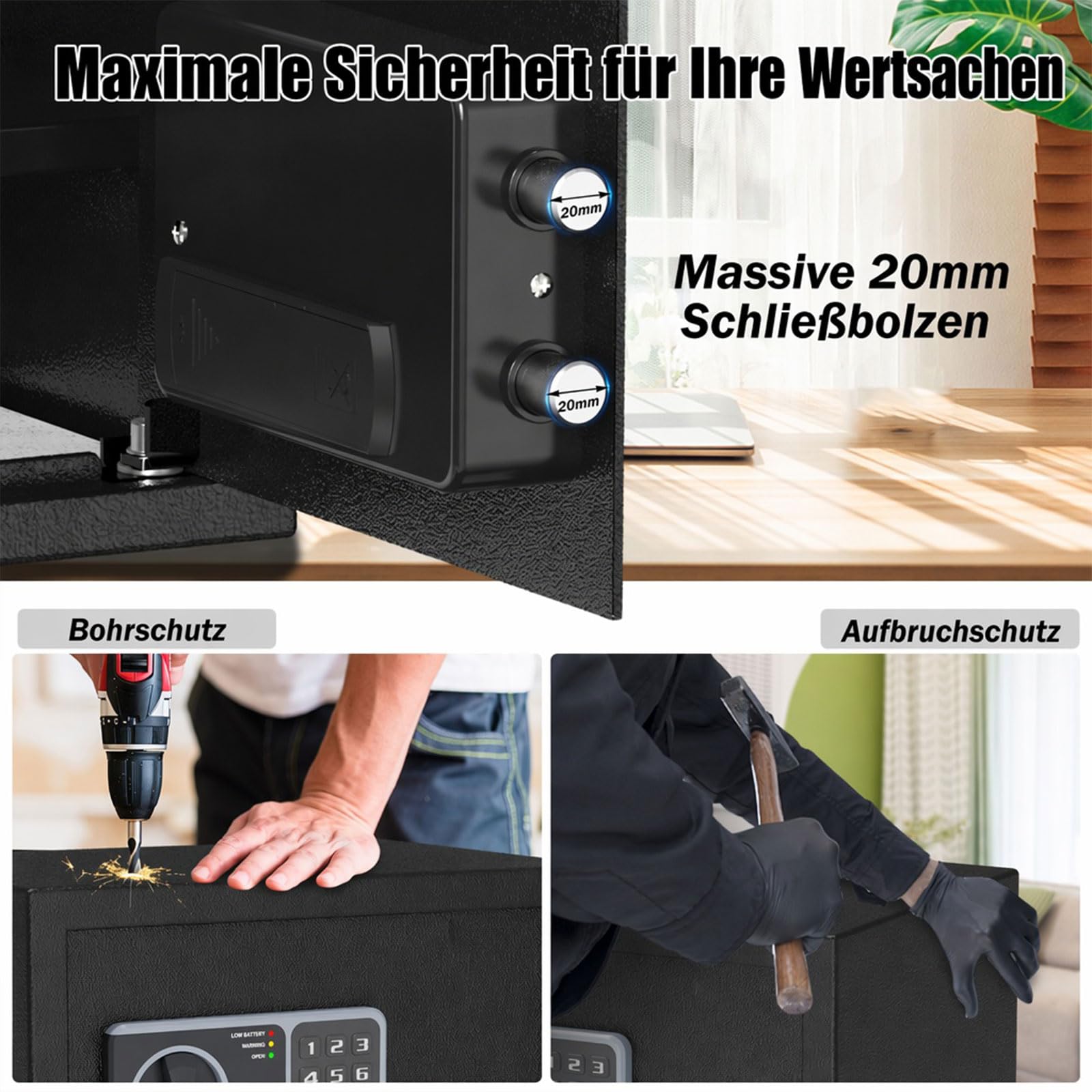 22L Safe Tresor für Zuhause, Möbeltresor feuerfest mit Schlüssel, Alarm & Licht, herausnehmbarem Einlegeboden, wandmontierbar, ideal für Zuhause, Büro und Hotel