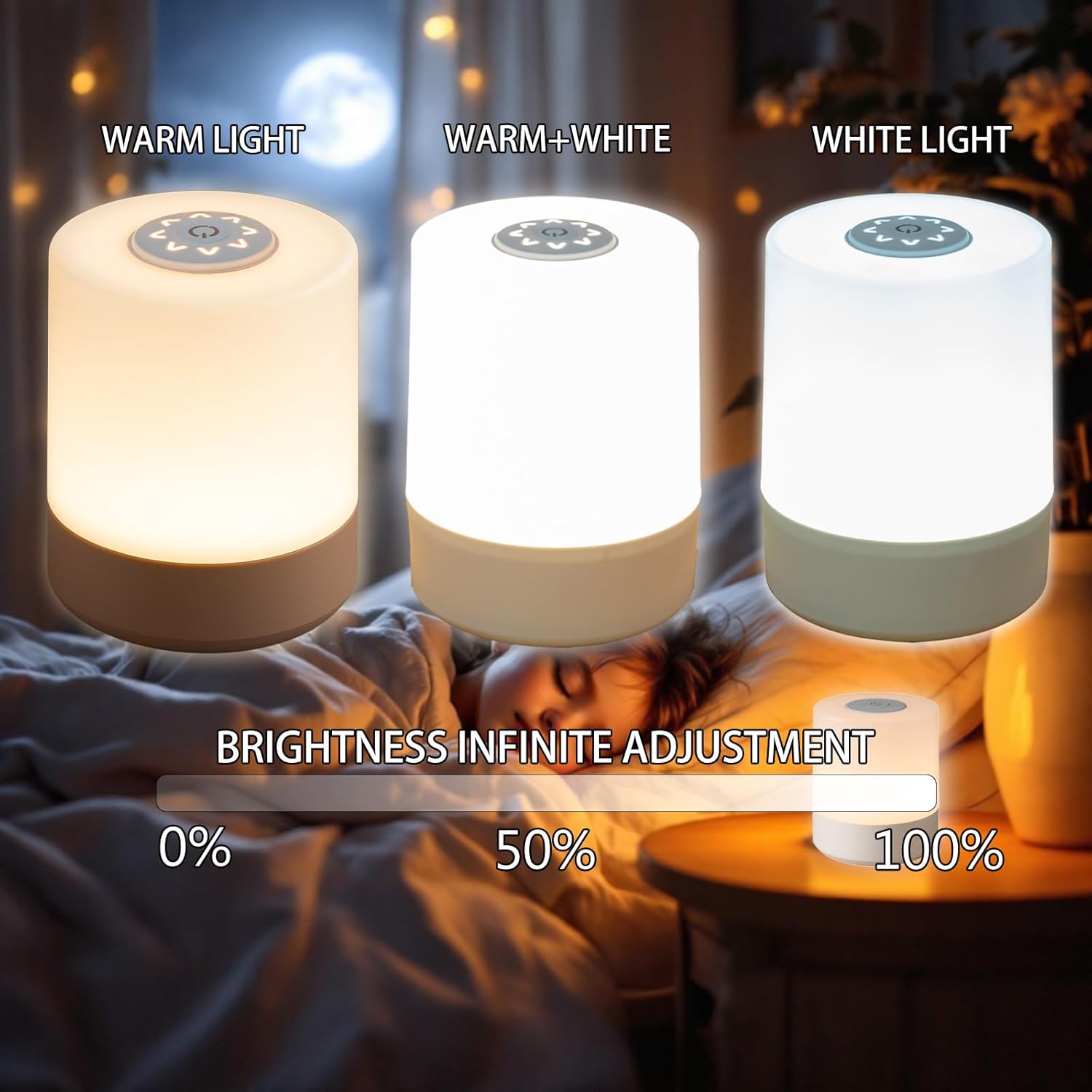 Touch Bedside Lamp, Portable Night Light, 3-Color Dimmable LED, USB Rechargeable Cordless Table Lamp for Bedroom, Nursery, Camping (A-Light-Touch)