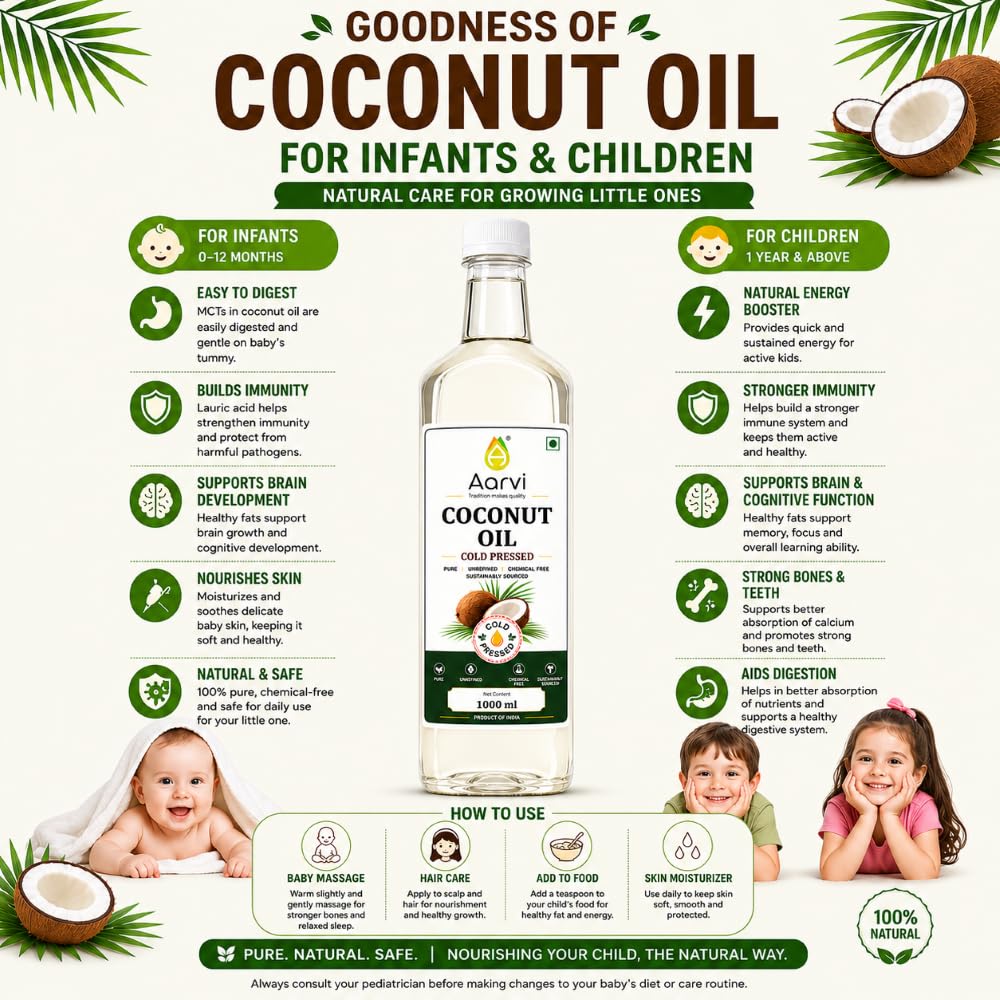 AARVI Cold Pressed Coconut Oil 1 Litre | 100% Pure & Unrefined | Cold Pressed | Edible Cooking Oil | Chemical Free | Natural Coconut Oil for Cooking & Baking (1000 ML PET BOTTLE) 2