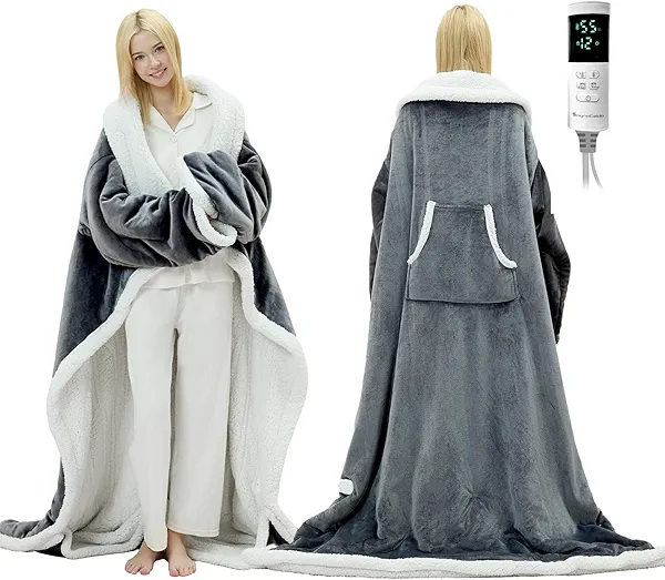 Wearable Heated Blanket with Foot Pocket - Electric Blanket Throw with Sleeves, Heated Snuggle for Women or Adults, Heated Robe with Multi Heat Settings, 1-12 Hours Auto Shut Off (50''x70'' Grey)