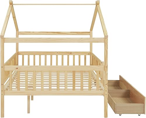 Miniatura 6 de Cama de casa con almacenamiento para vallas, camas de tamaño matrimonial estilo Montessori con barandillas y 2 cajones, marco de cama de madera para