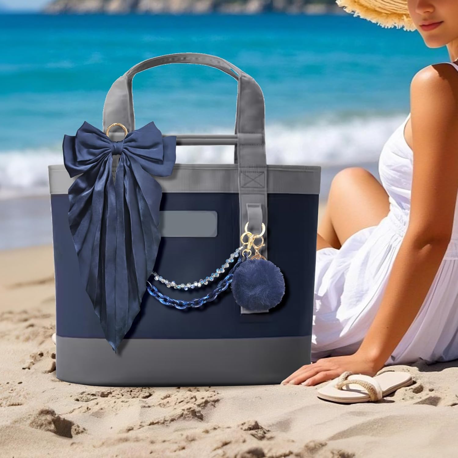4PCS Tote Bag Decor Kit, Decorative Bow & Pom Pom Accessories, Compatible with YETI Camino 20/35/50 Carryall, Bogg Beach Tote Bags