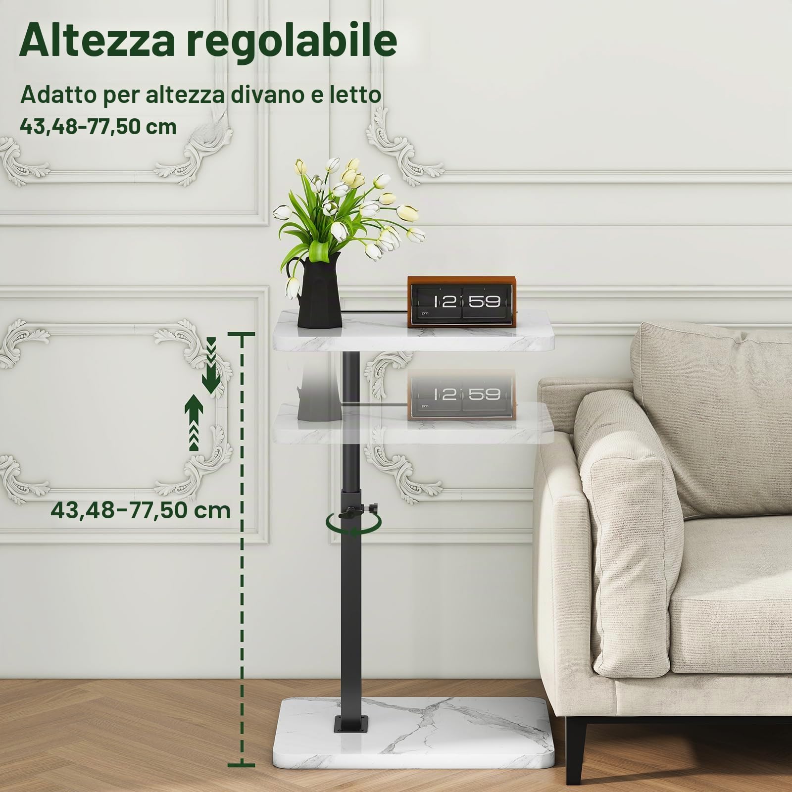 IBUYKE Tavolino a forma di C, girevole a 360°, regolabile in altezza, per stanze strette, con slot per telefono e tablet, per soggiorno, camera da letto, effetto marmo bianco TVT003BW