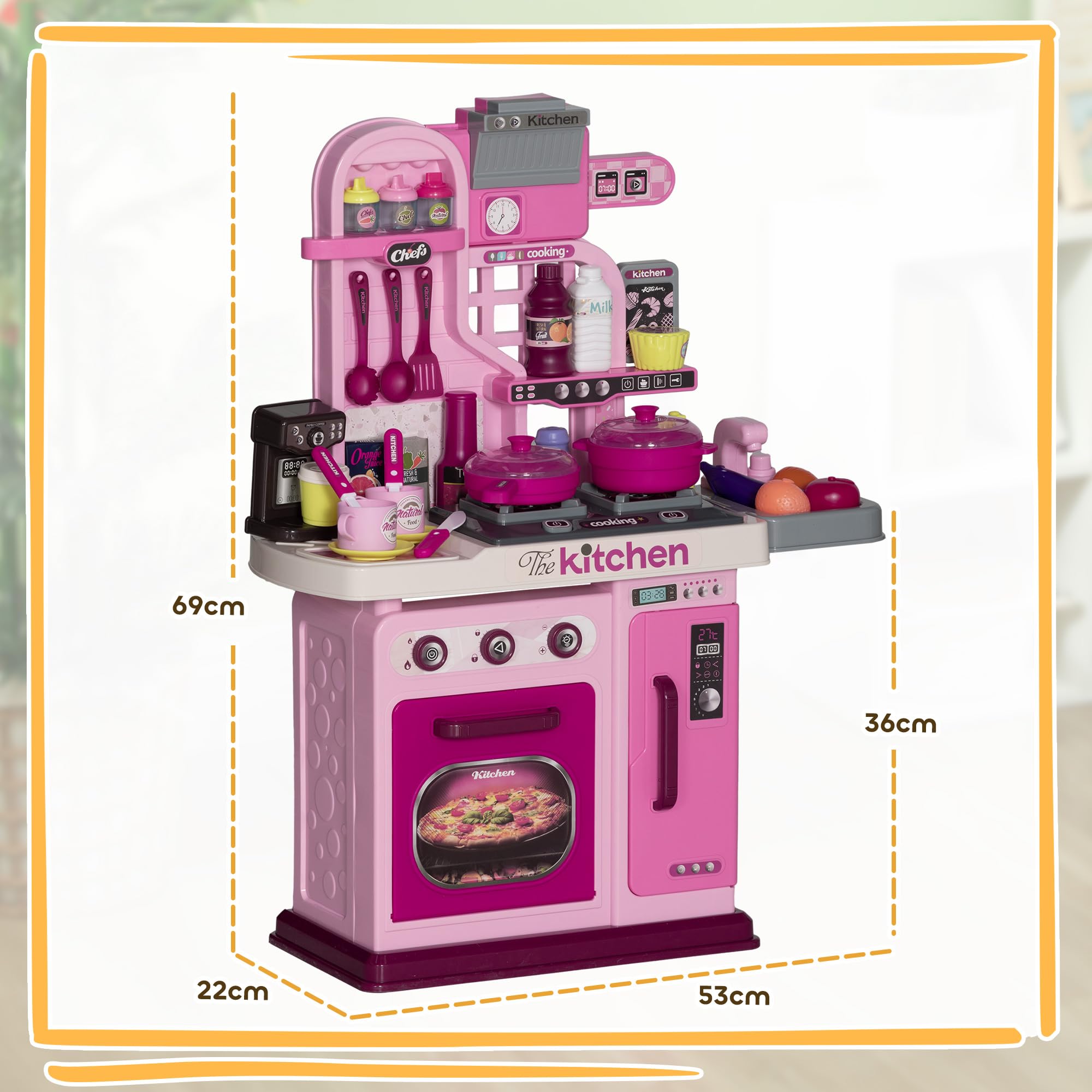 AIYAPLAY Cucina Giocattolo per Bambini da 33 Pezzi con Luci, Suoni e Rubinetto, Gioco per Bambini in PP e ABS, 53x22x69 cm, Rosa