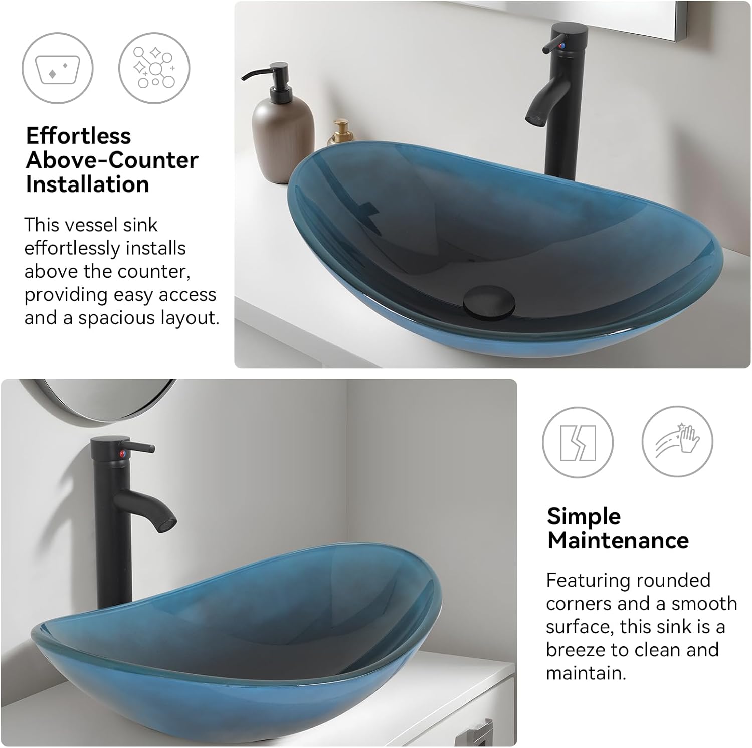 YOURLITE Bathroom Sink,Boat Shape Bathroom Glass Vessel Sink with Faucet and Pop-Up Drain Bowl Vessel Sinks for Bathrooms, Deep Blue
