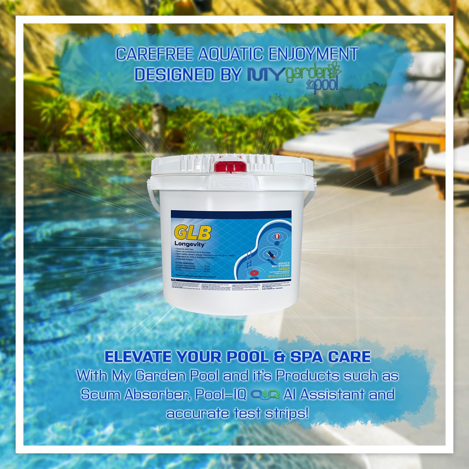 GLB Longevity Cal Hypo Chlorine Tablets 20.2 LB (71434) with My Garden Pool Skimmer Sock and 7-in-1 Test Strips, 20 ct. – Powerful Chlorine Tablets for Clear Swimming