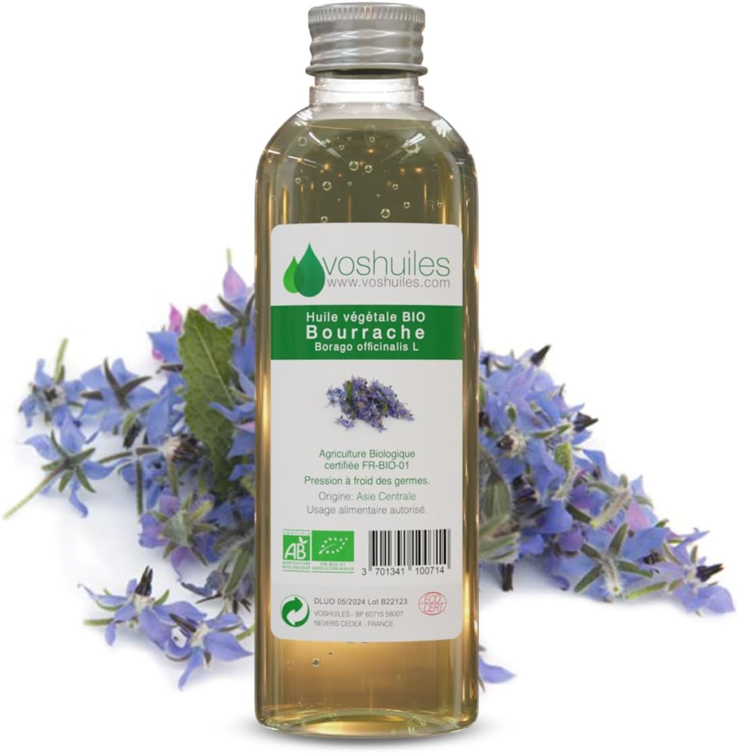 VOSHUILES - Huile Végétale BIO de Bourrache Neutre (sans parfum ajouté) 50ml - Cosmétique/​Bien-​être - Soin Naturel pour Peau et Cheveux - Hydratation et Régénération