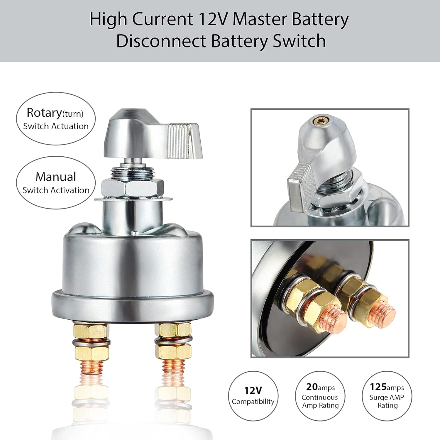 CHEINAUTO High Current Battery Disconnect Switch, 125A Battery Power Cut Isolator Killer Switch, Battery Isolator Switch with Copper Contacts, Battery Cut-Off Switch for Car, Vehicle, RV and Boat : Automotive