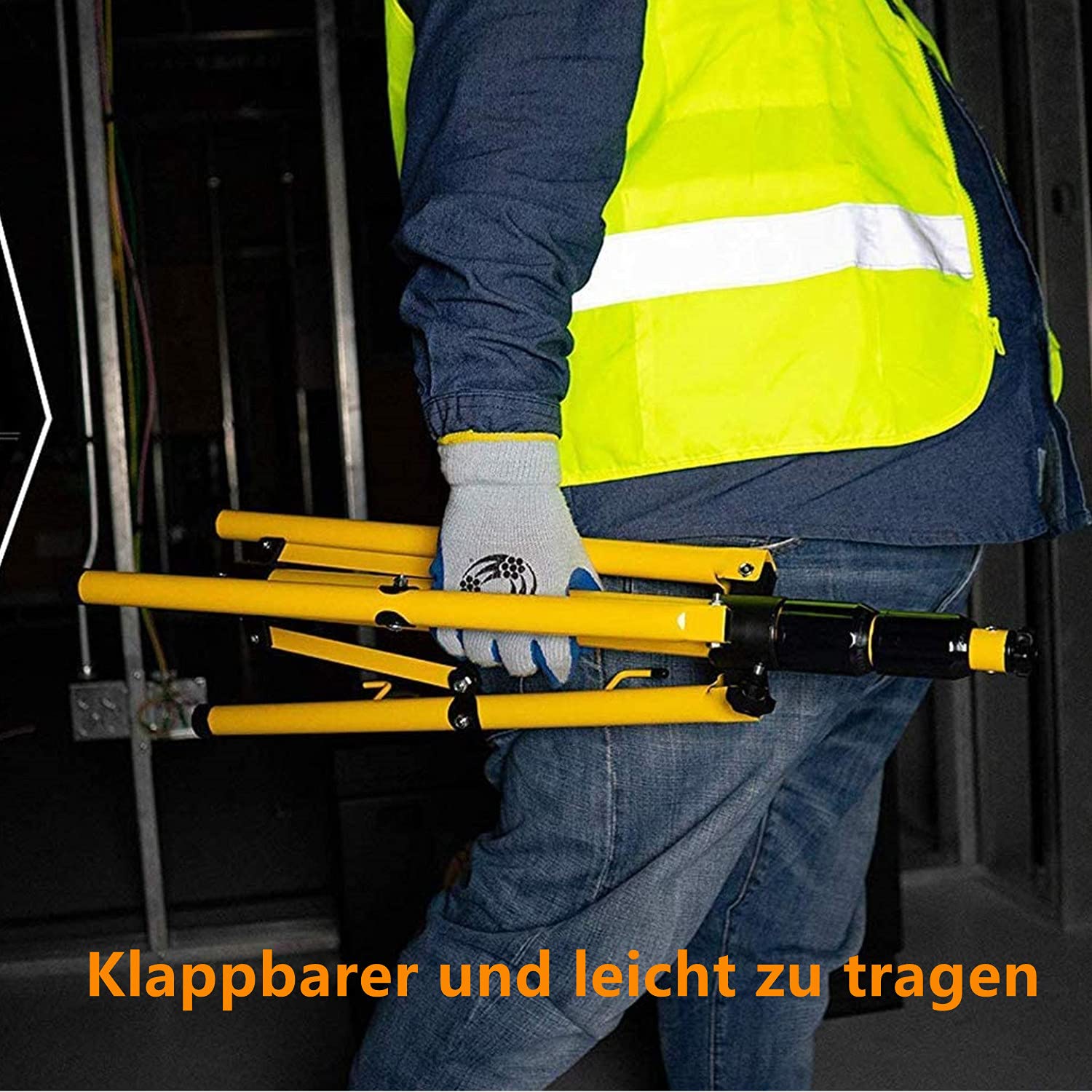 Trípode telescópico para foco de construcción, altura regulable de 64 a 158 cm, trípode de acero para foco LED, trípode de acero, trípode amarillo, soporte para 2 focos