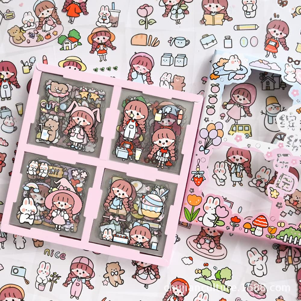 CYUaoao 100 hojas de calcomanías transparentes que no se repiten con dibujos animados de niña, figuras kawaii, papel para álbumes de recortes, álbumes de recortes