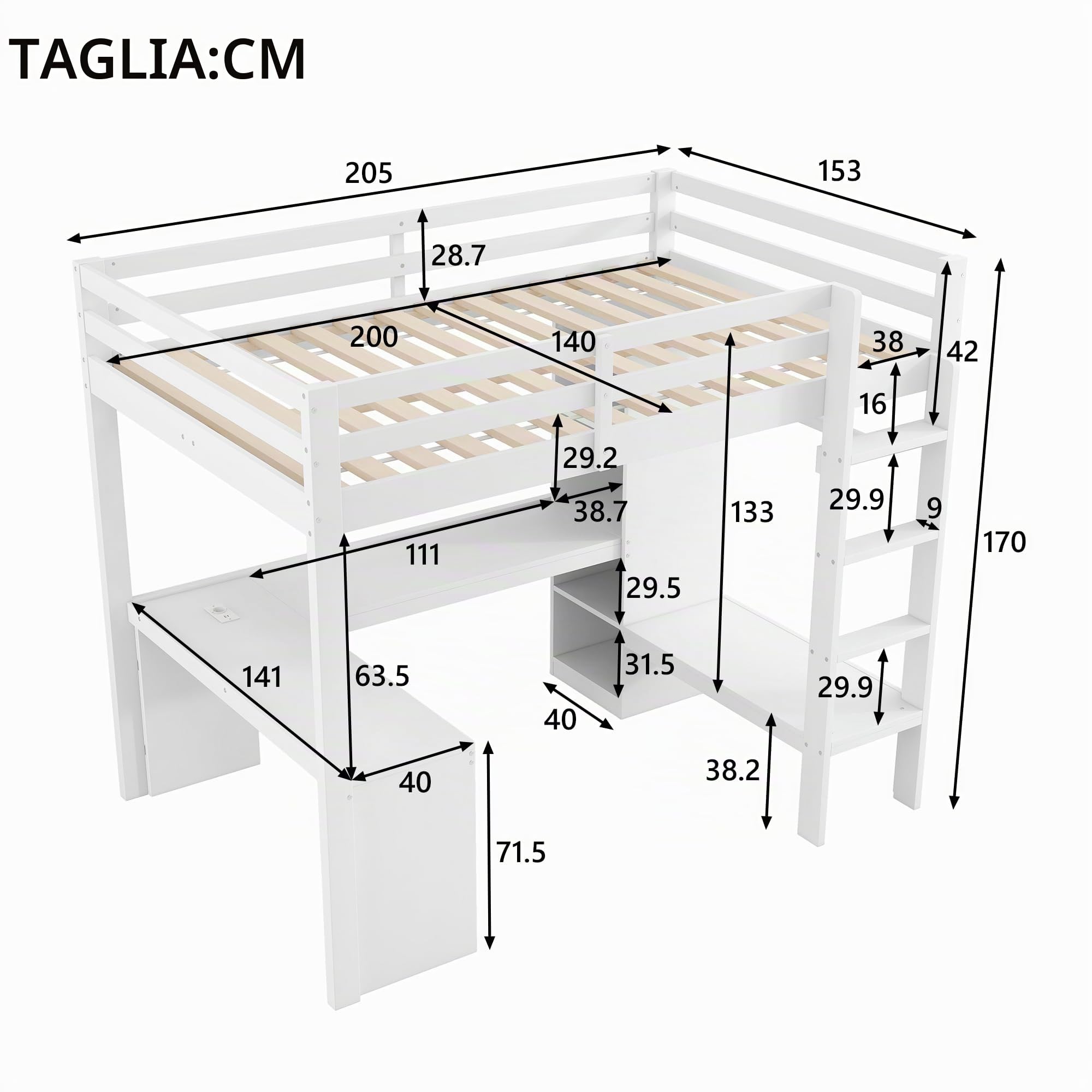 Moimhear Letto a soppalco con mensole multifunzione, scrivania sotto il letto, luce LED e USB, senza materasso, 140 x 200 cm (bianco)