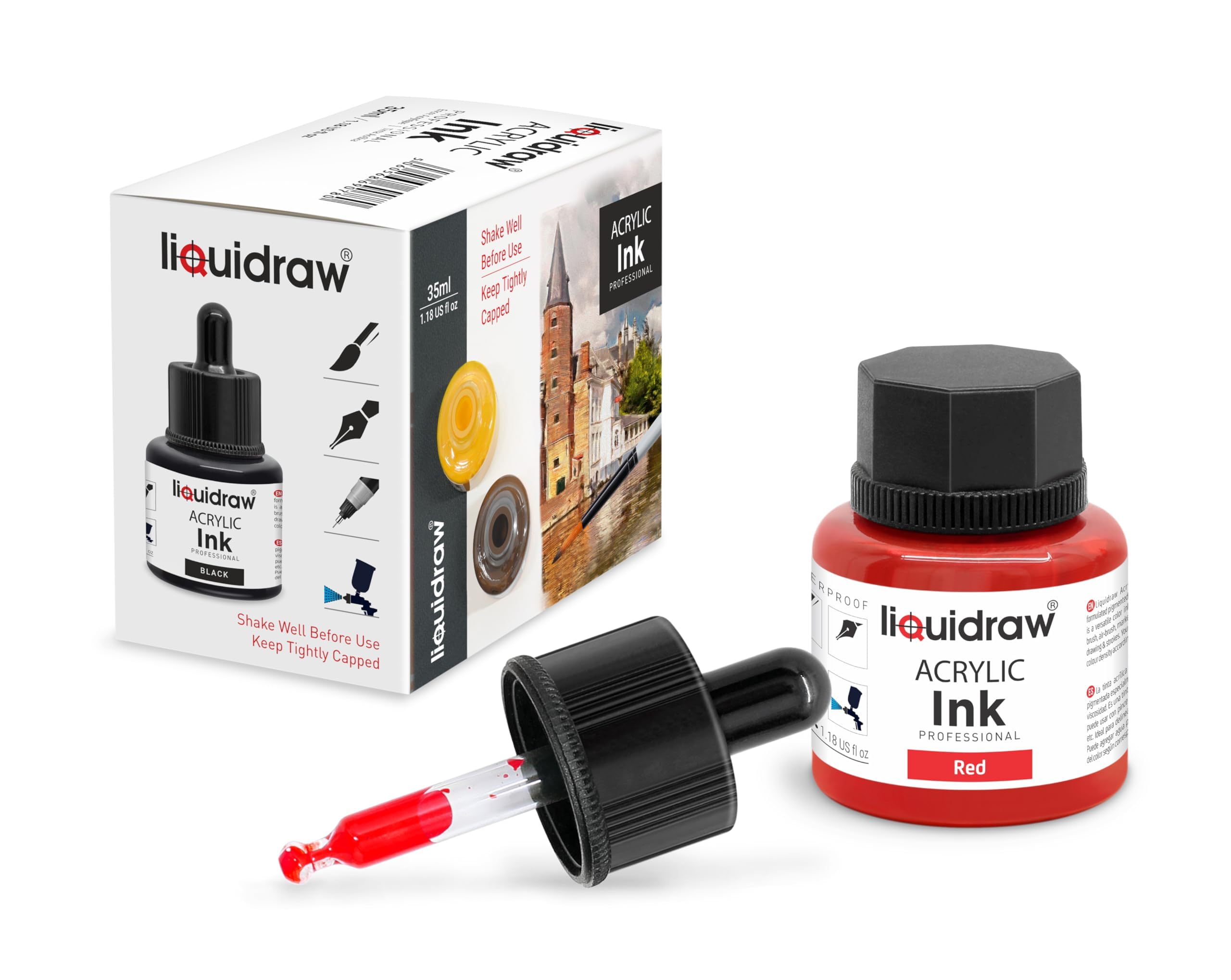 Liquidraw Encre à dessin acrylique – 20 couleurs assorties | Flacons de 35 ml avec compte-gouttes | Convient pour la peinture, l'art, le dessin et le design | Pour les professionnels, les artistes
