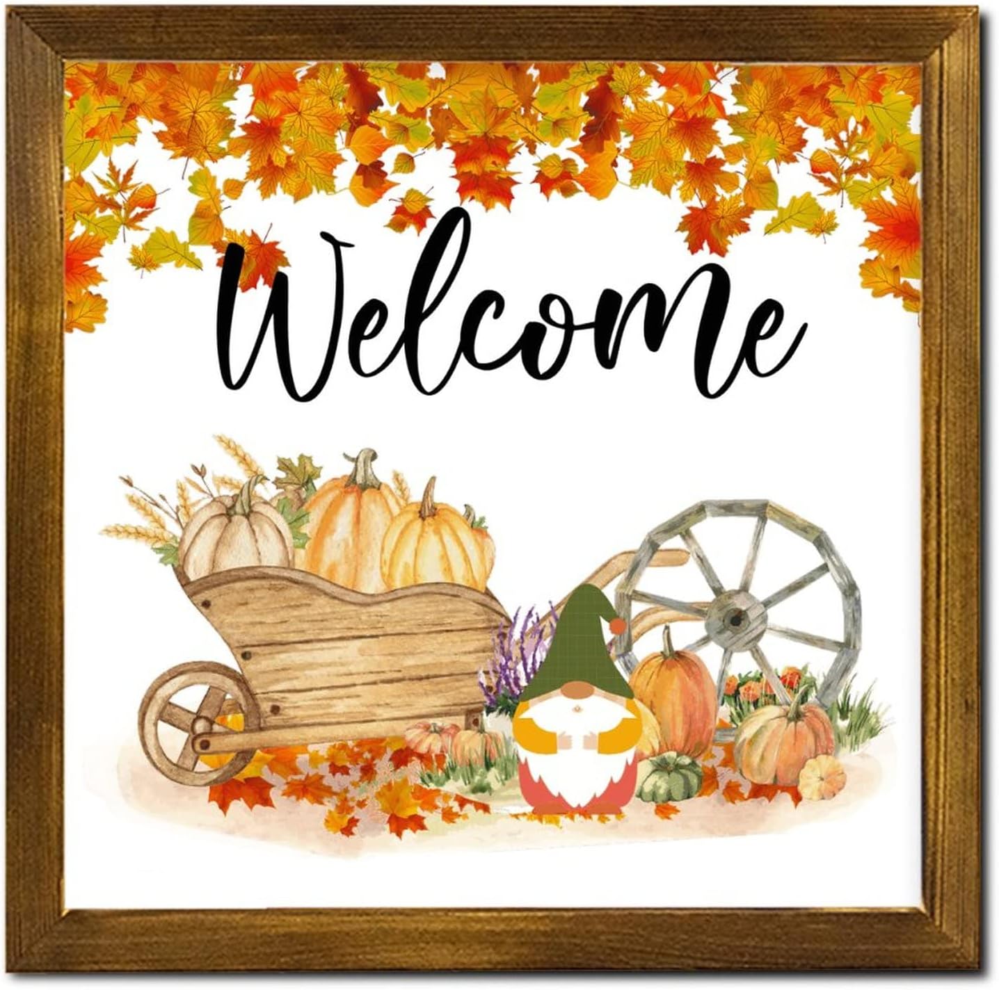 Thanksgiving Welcome Framed Wooden Sign Gnome Pumpkin Maple Leaves Wall Art Sign Classic Harvest Thanksgiving Wood Wall Hanging Decoration for Home Kitchen Bar Room Garage Bedroom 12x12 inch