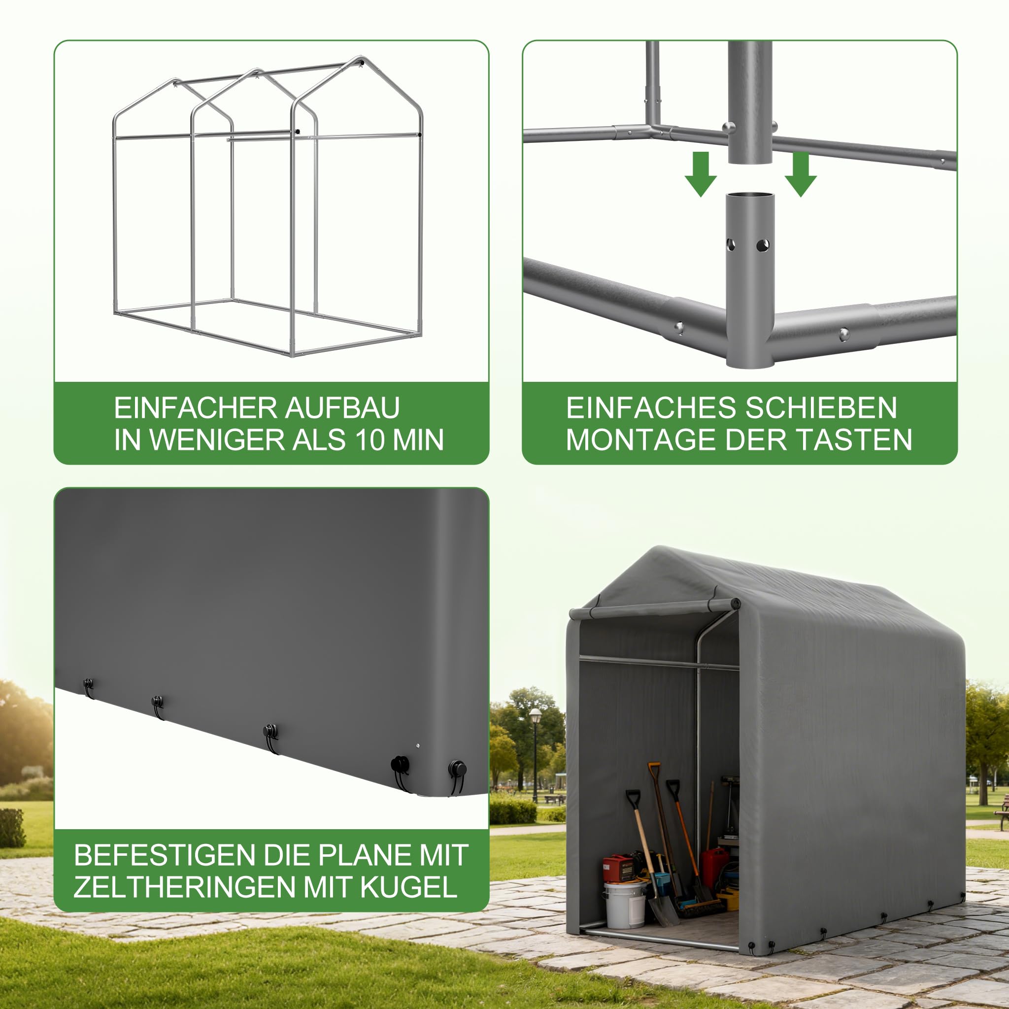 Fahrradgarage 187x100x160 cm, Carport Zelt Wetterfest, UV-Schutz, Wasserdicht, Fahrradzelt, Zeltgarage Geräteschuppen für 2 Fahrräder, Auto, SUV, Motorrad, Boot, Gartenhaus, Grau