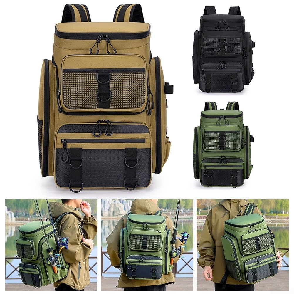 Mochila de pesca impermeable con almacenamiento robusto y soporte de caña para exploración al aire libre (negro)