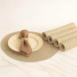 Kit 4 Peças Jogo Americano Fibra Sintética Redondo Circular Sousplat para Mesa Posta Lavável Resistente Conjunto Casa Cozinha Restaurante Elegante Decoração Fácil de Limpar (Creme Areia)