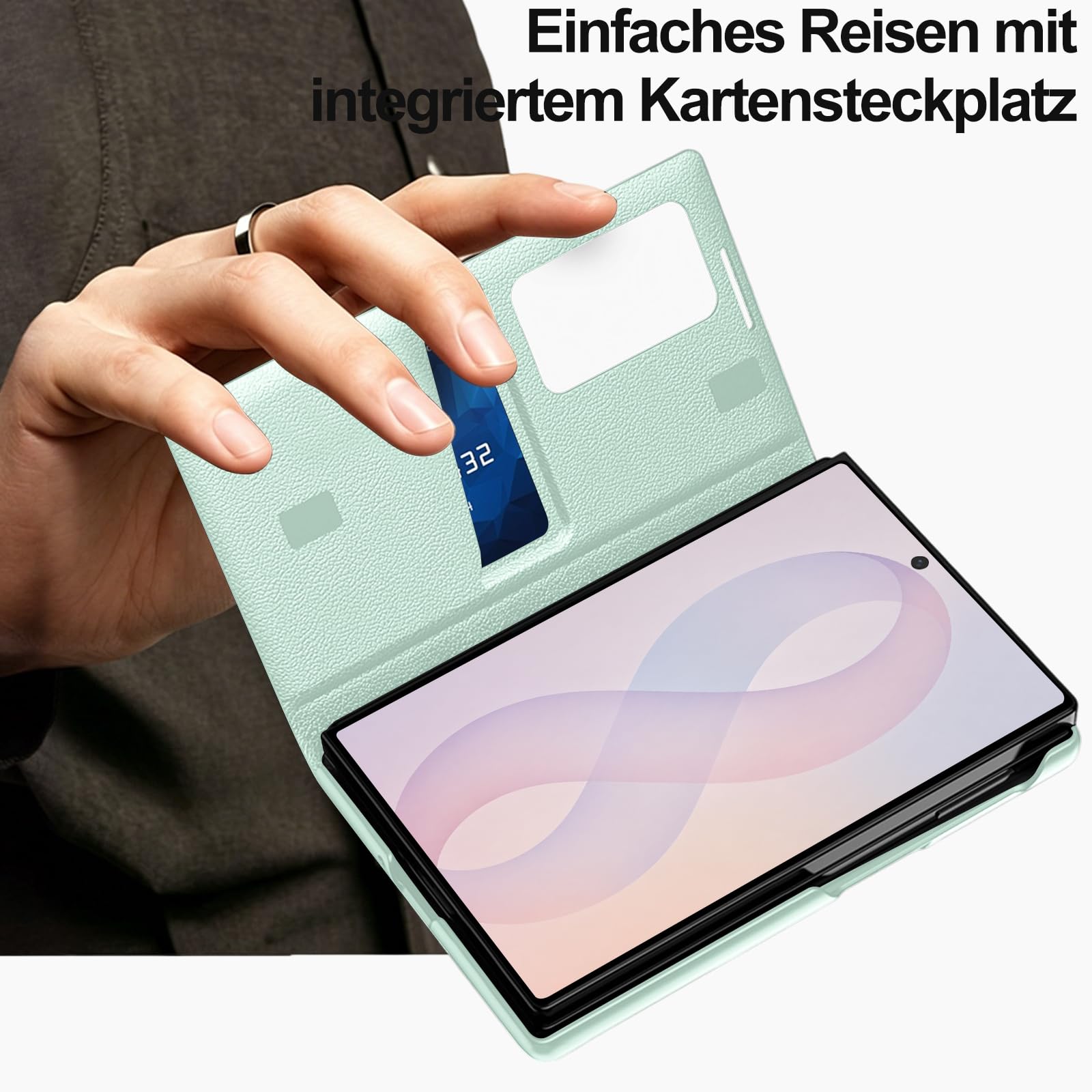 Custodia a portafoglio per Samsung Galaxy Z Fold 8, in pelle PU, con scomparto per carte di credito, supporto e finestra, antiurto con protezione per fotocamera, verde chiaro