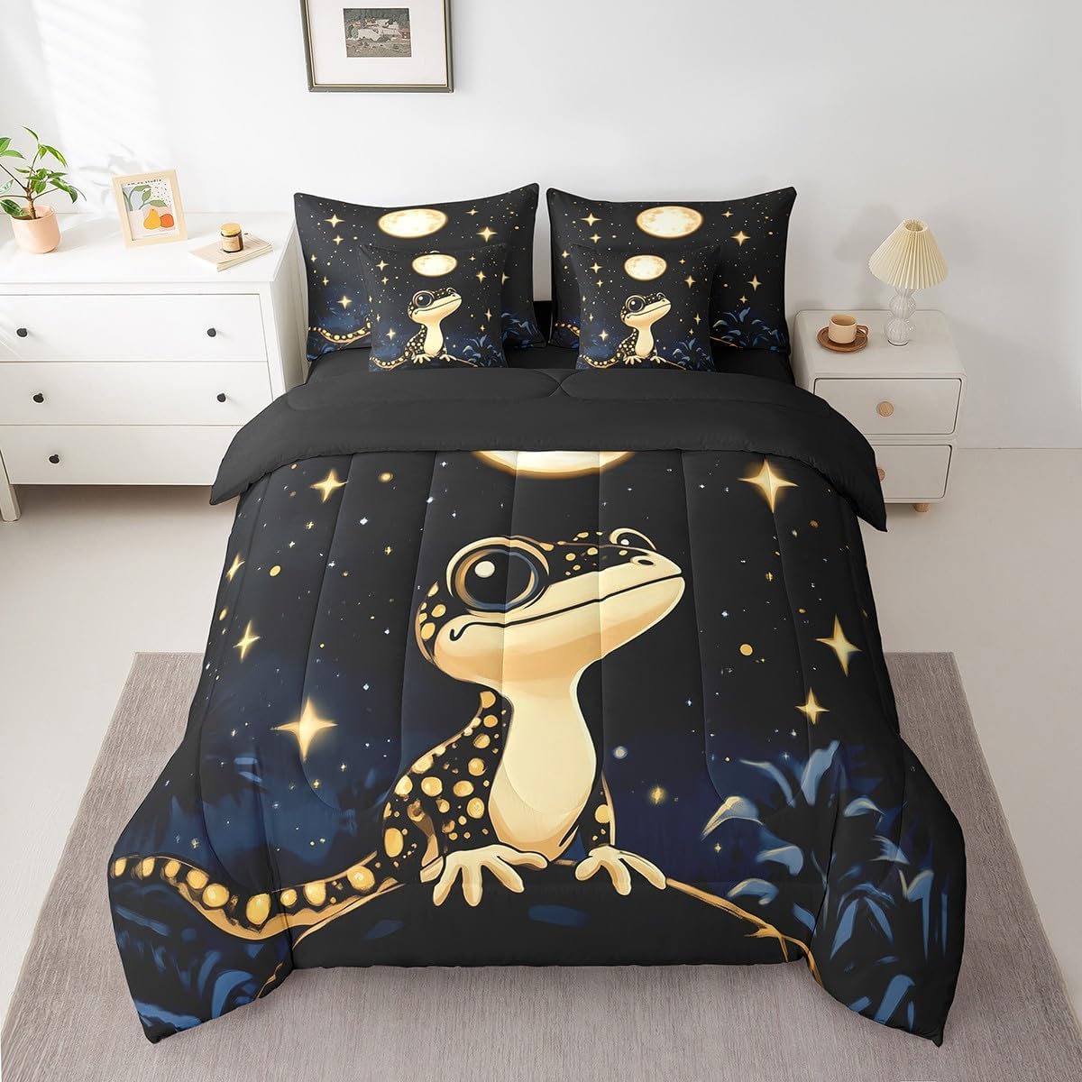 Bearded Dragon Comforter Set 7 Pieces Full Size Wild Lizard Bedding Set for Kids Wildlife Animal Bed in a Bag Women Men Ultra Soft Decor Bed Set with Comforter, Sheets, Pillowcases & Cushion Cover