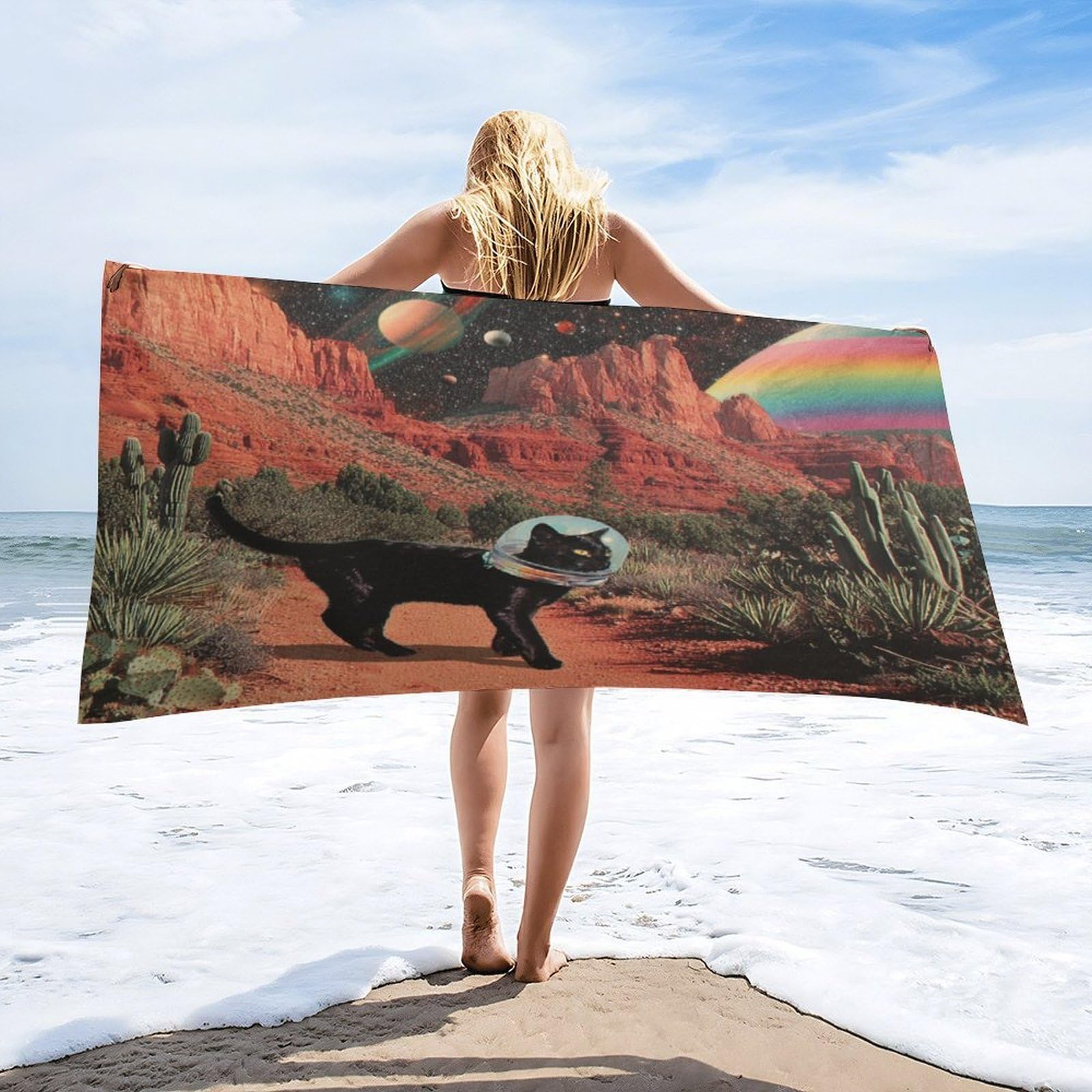 Luyysky Vintage Cute Black Cat Absorbent Beach Towel, Retro Alien Theme Outer Space Galaxy Planet Animal Cat Plant Cactus Outdoor Single-Sided Velvet Beach Towel-80 W Cm X 160" L Cm