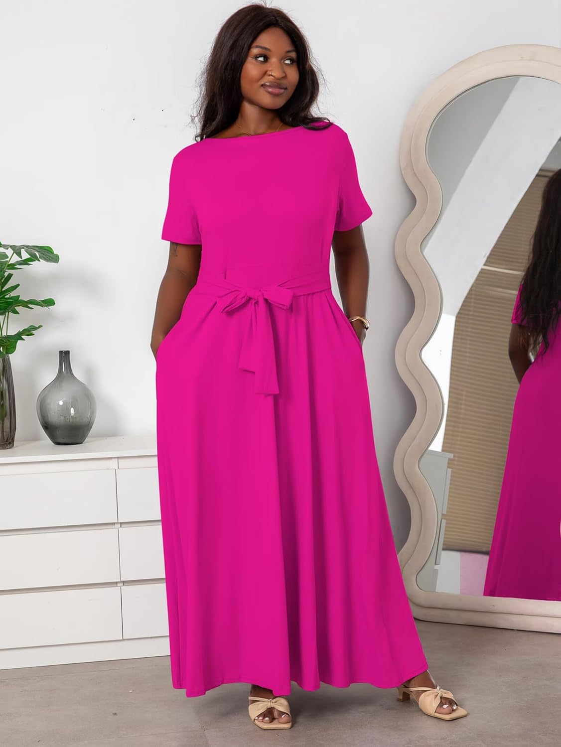 Plus Size Dresses for Curvy Women Soft Comfy Stretchy Short Sleeve High Waist Self Tie Flowy Pleated Maxi Dress - Image 4