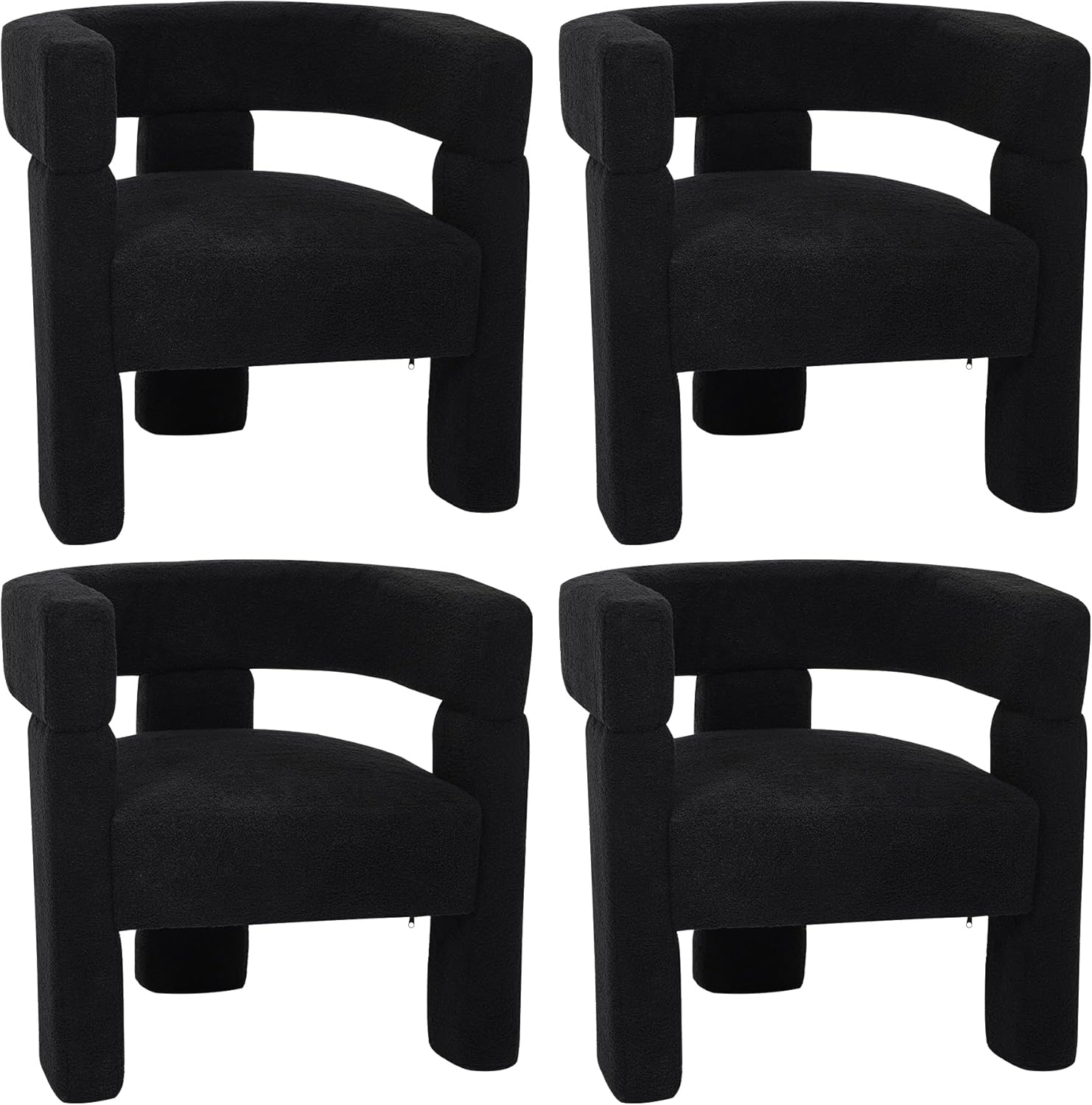 Sherpa Boucle Accent Chairs, Mid Century Modern Dining Room Chairs 4 PCS, Comfy Upholstered Side Armchairs Cute Barrel Side Chairs with 3 Legs for Bedroom/Kitchen/Living /Balcony/Reception, Black