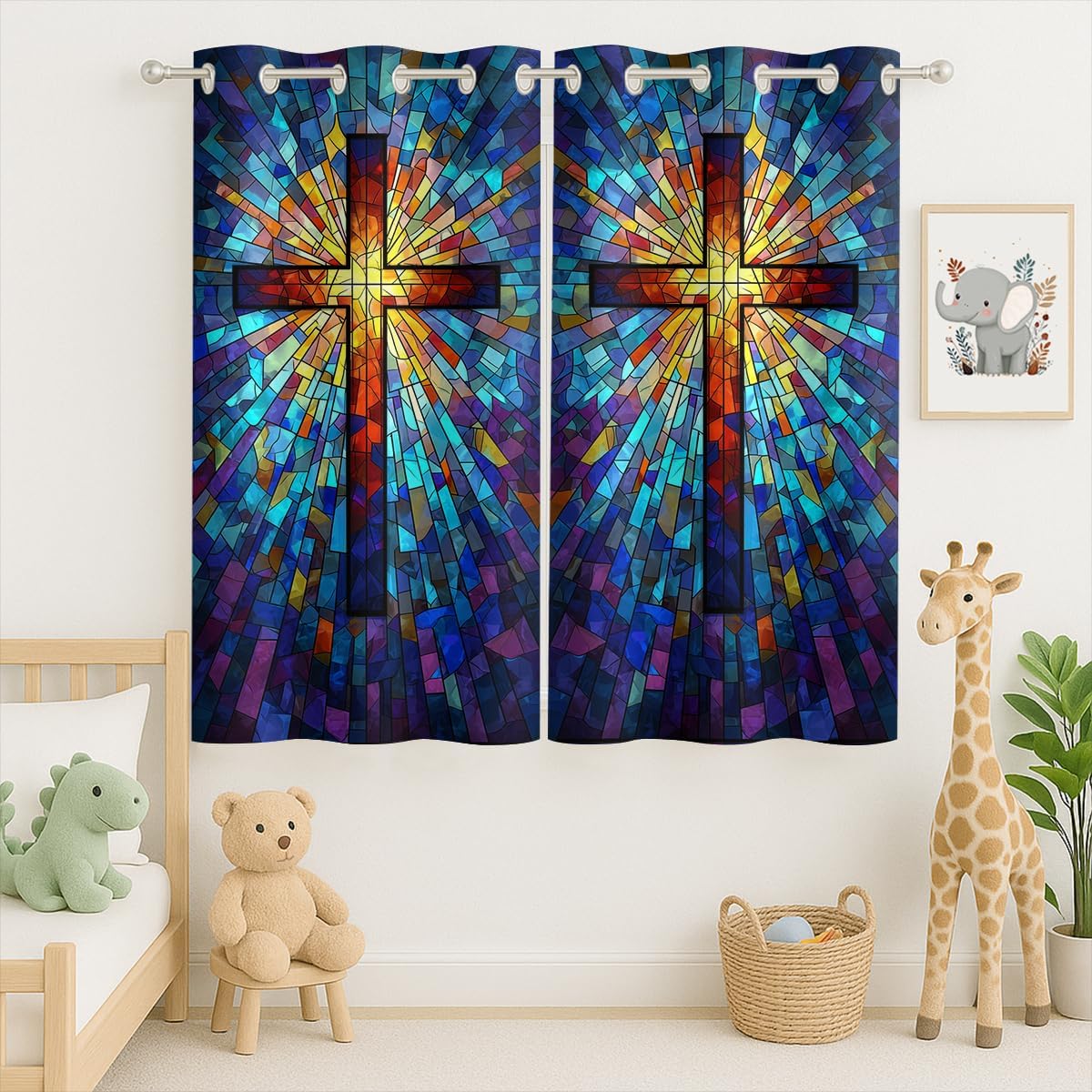 Colorful Stained Glass Curtain, Religious Mosaic Jesus Multicolored Saints, Grommet Curtains for Entryway or Small Meditation Space, 42 x 45 Inch, Thermal Insulated Darkening Drapes