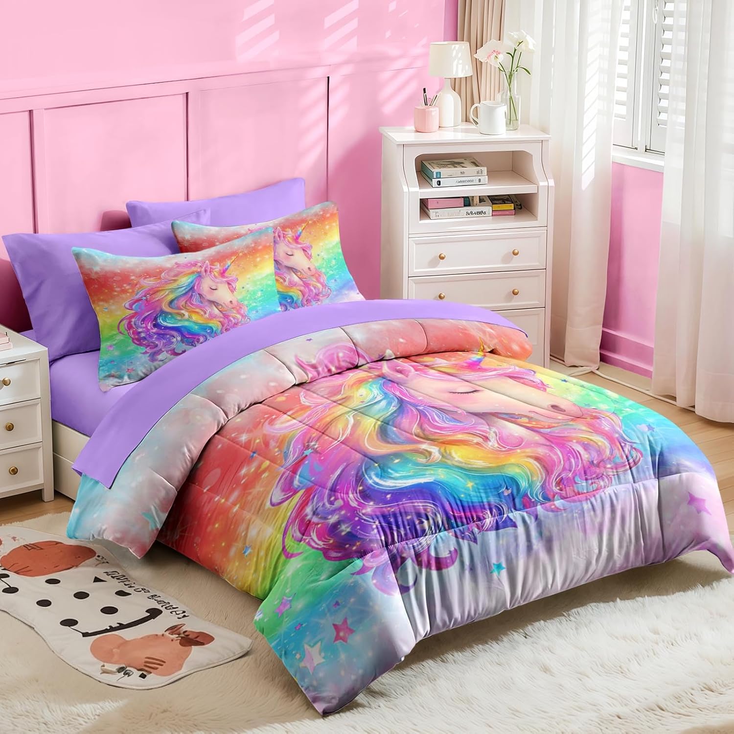 Nesker 7 Pcs Comforter Set Full Size, Rainbow Unicorn Bedding for Kids Teen with Fitted Sheet 2 Pillowcases & 2 Shams for Bedroom Bed Decor