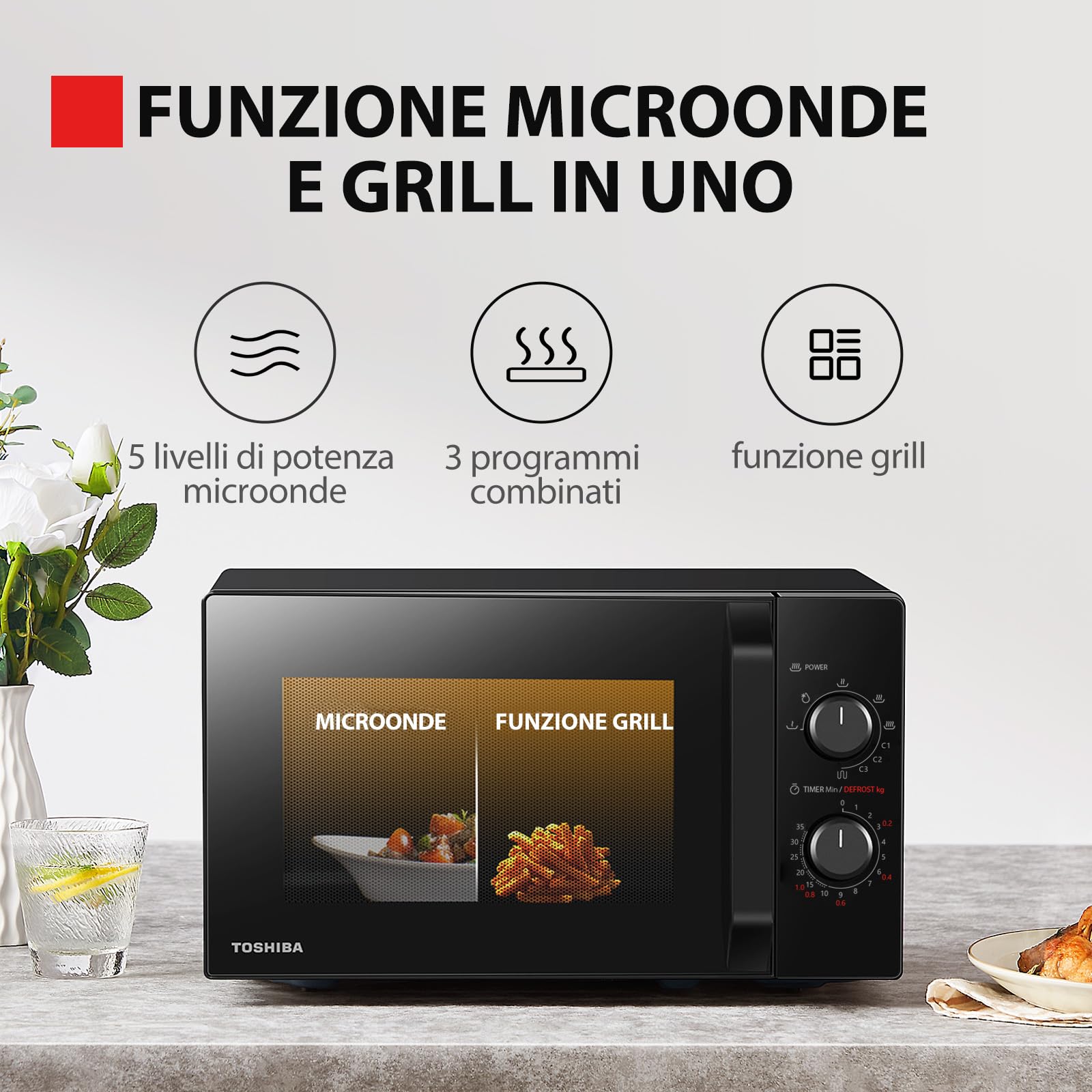 Toshiba MW2-MG20P(BK) 3-in-1 Forno Microonde Grill Combinato, 20 L, 5 Livelli di Potenza Regolabili, Timer, 800 W, Grill 1000 W, Nero